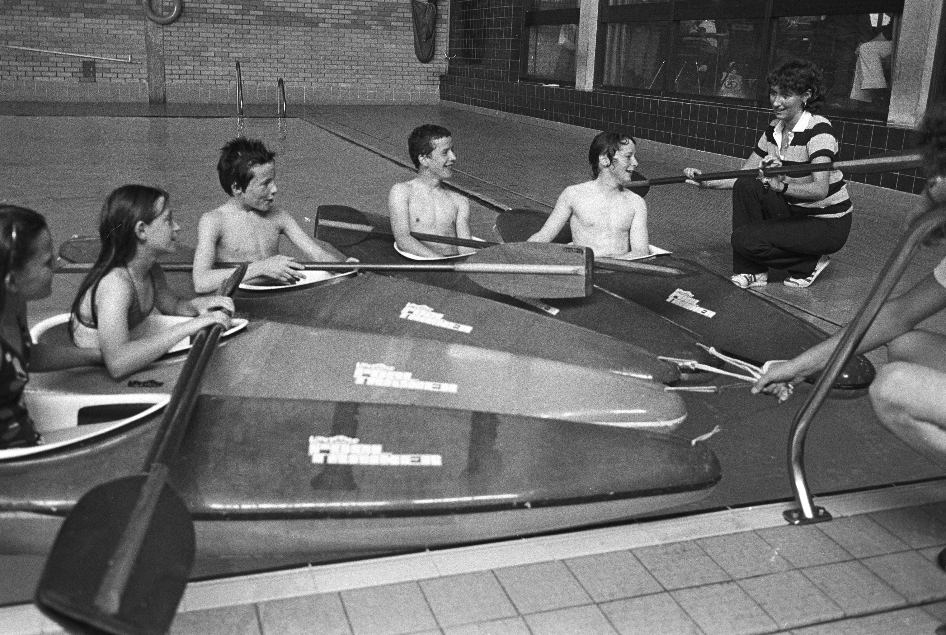 MAKING A SPLASH: Maureen Reilly with canoeists at Andersonstown Leisure Centre, summer 1980