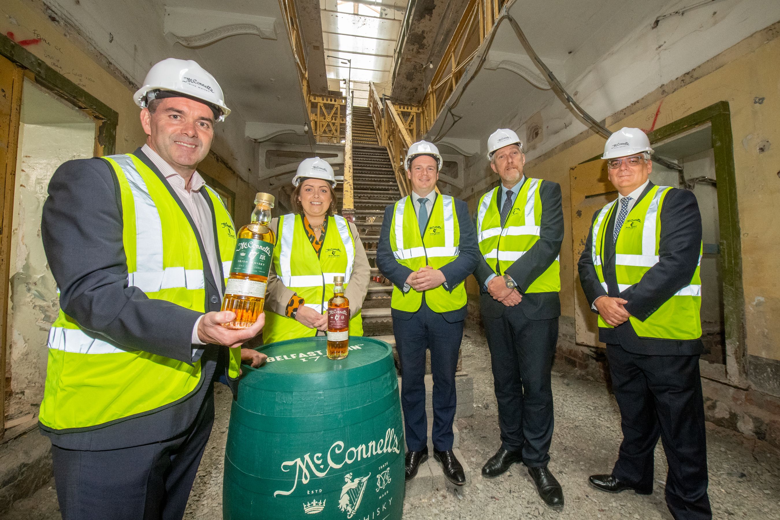 NEW DISTILLERY: John Kelly, CEO, Belfast Distillery Company; Communities Minister Dierdre Hargey; Economy Minister Gordon Lyons; Infrastructure Minister John O\'Dowd; and Mel Chittock, Interim CEO of Invest NI.