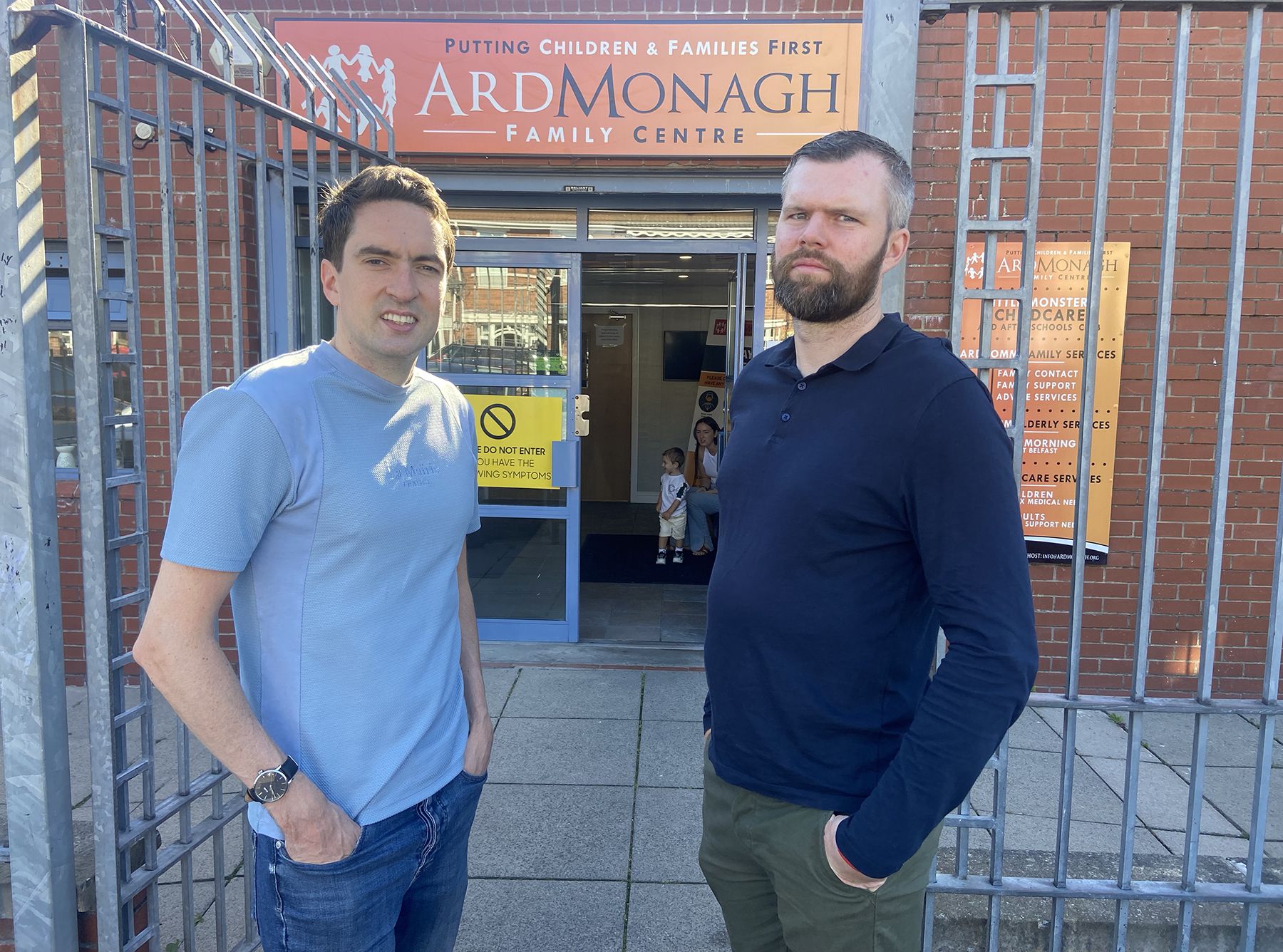 ADVICE: Cllr Matt Collins and Gerry Carroll MLA outside Ardmonagh Family Centre