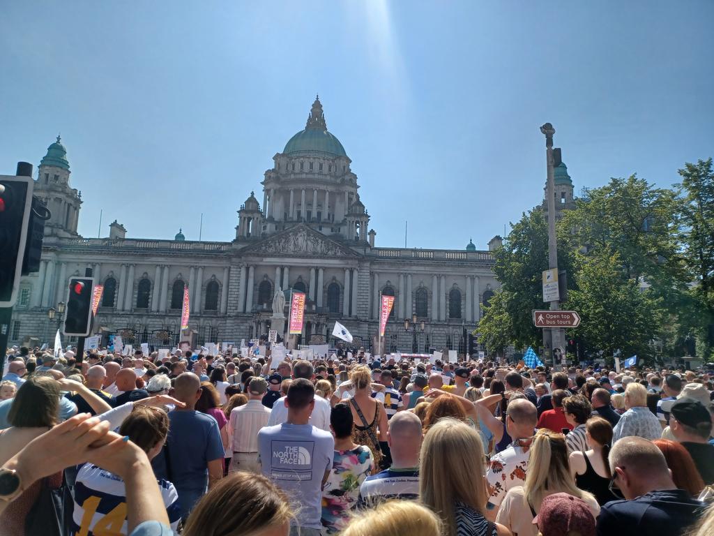 PROTEST: Protestors under bright sunshine at Belfast City Hall on Saturday