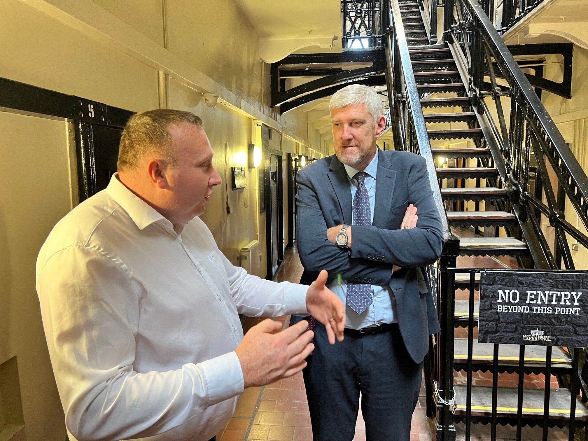 VISIT: Infrastructure Minister John O\'Dowd with Phelim Devlin, Managing Director, Crumlin Road Gaol Visitor Attraction and Conference Centre