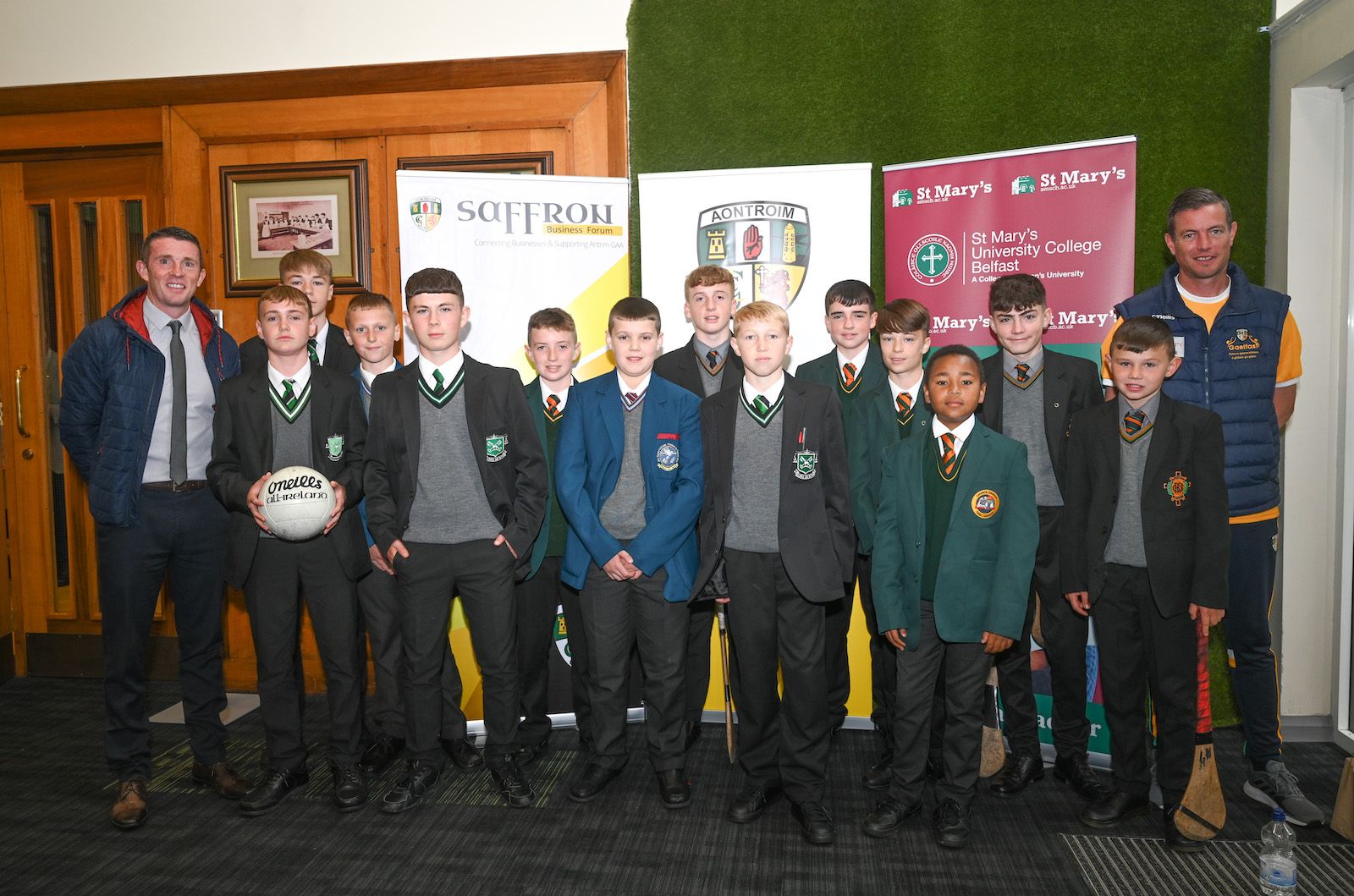 School pupils with Aaron Douglas and Damien McCallin at the launch of the Antrim Cup at St Mary\'s University College on Wednesday 