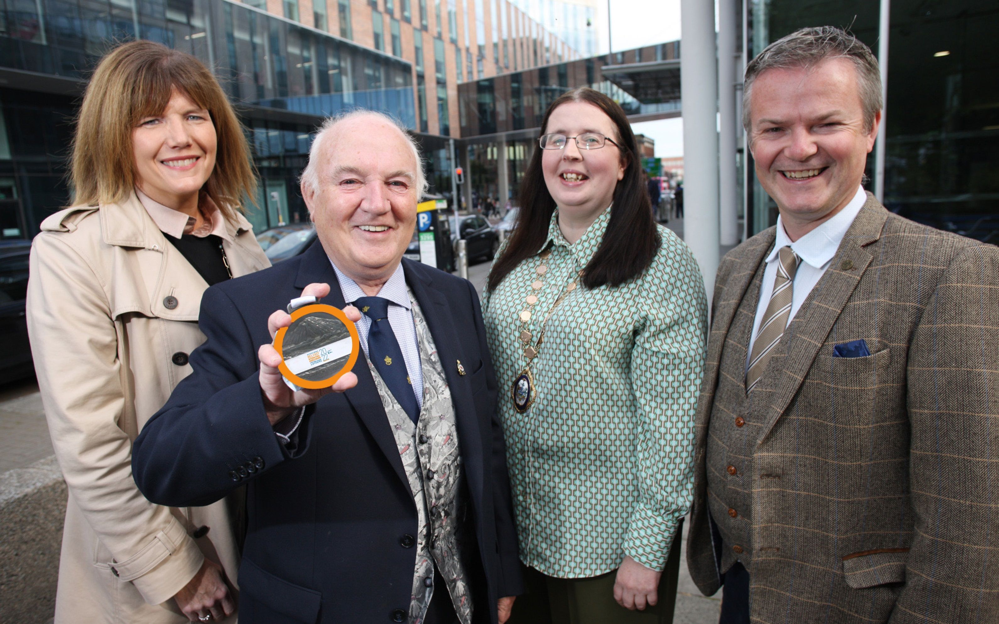 HOMECOMING: Claire Guinness, Innovation District Director at Innovation City Belfast; Dr Terry Cross, Hinch Distillery; Belfast Deputy Lord Mayor, Councillor Michelle Kelly and Professor Malachy Ó Néill, Ulster University