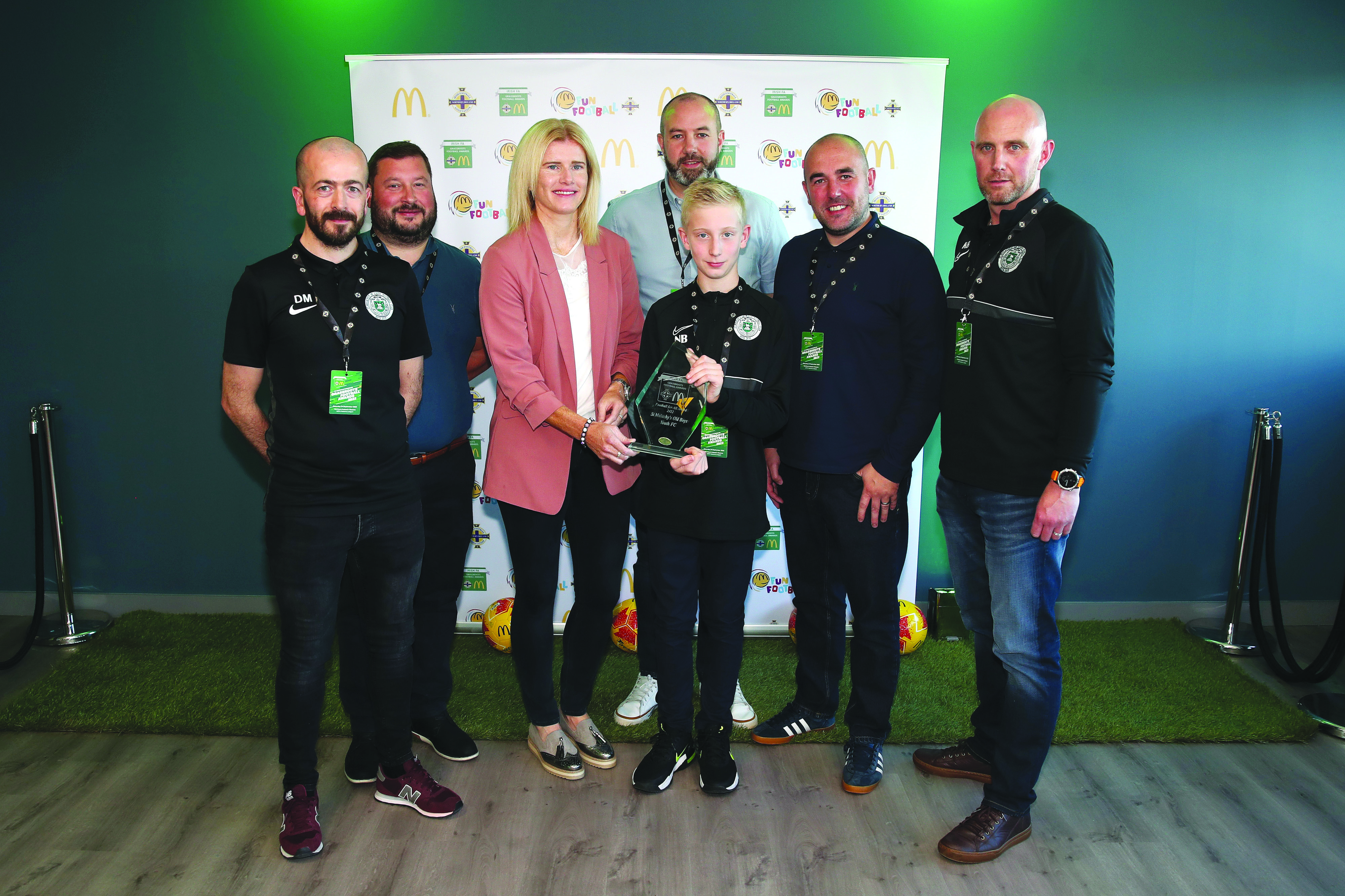 Pictured at the McDonald’s Irish FA Grassroots Football Awards are members of St Malachy’s Old Boys Youth Football Club with Julie Nelson, Northern Ireland Women’s National Football Teamx