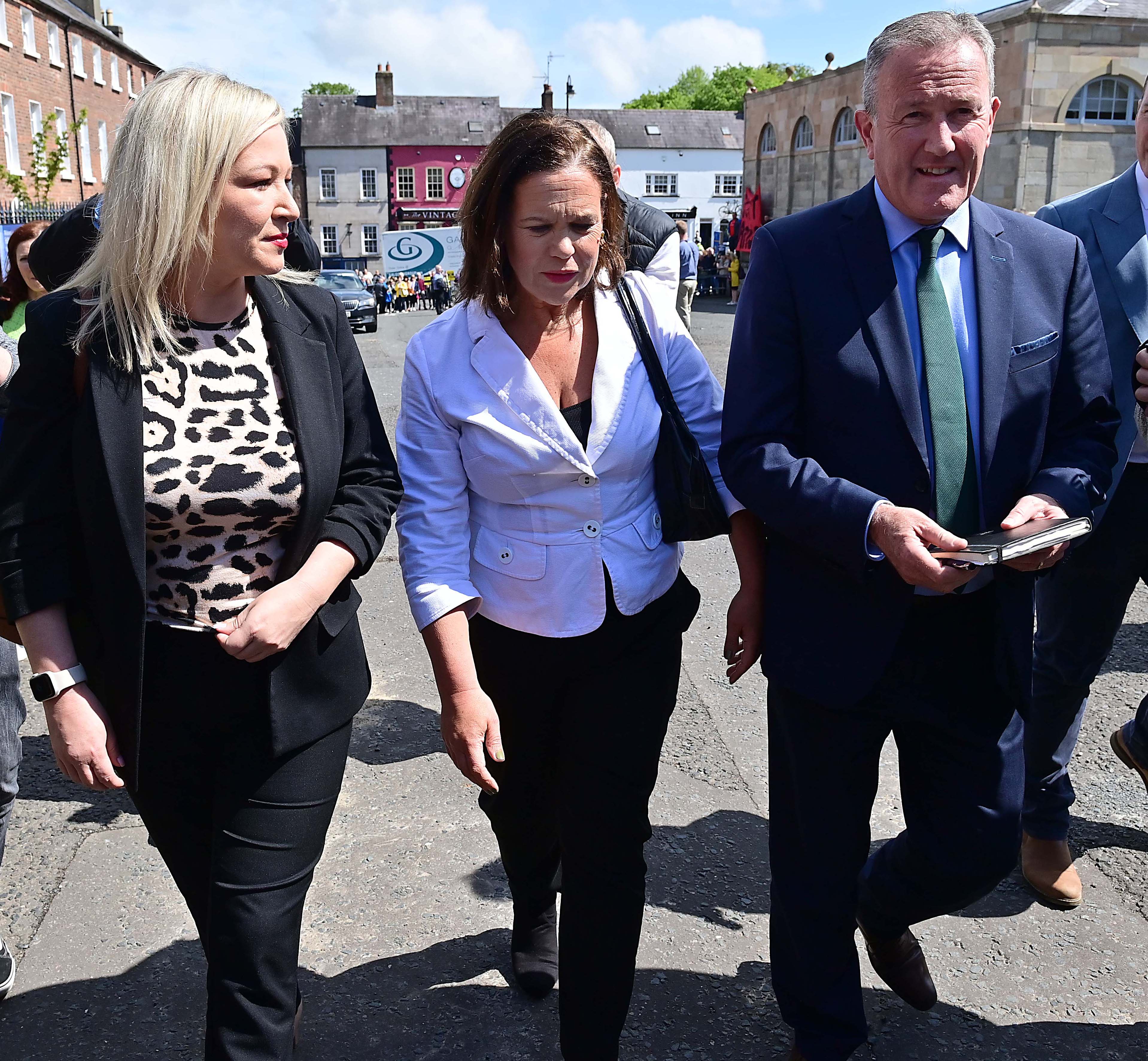 Mary Lou McDonald, with Michelle O\'Neill and Conor Murphy for talks with Boris Johnson at Hillsborough last May
