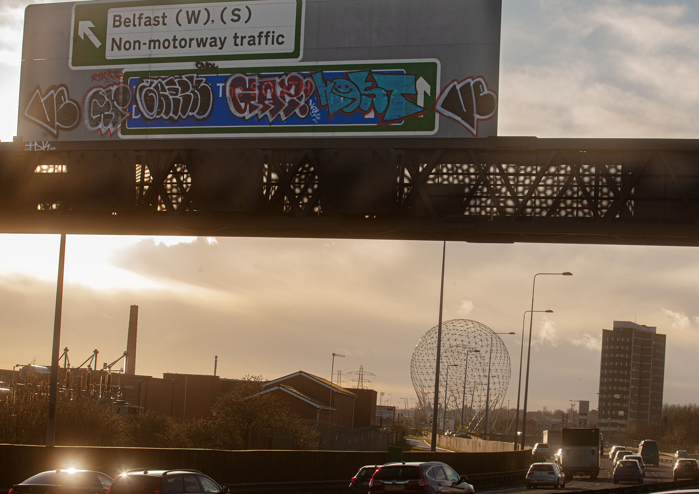 RISK: Vandals scaled the gantry and sprayed over the signage 