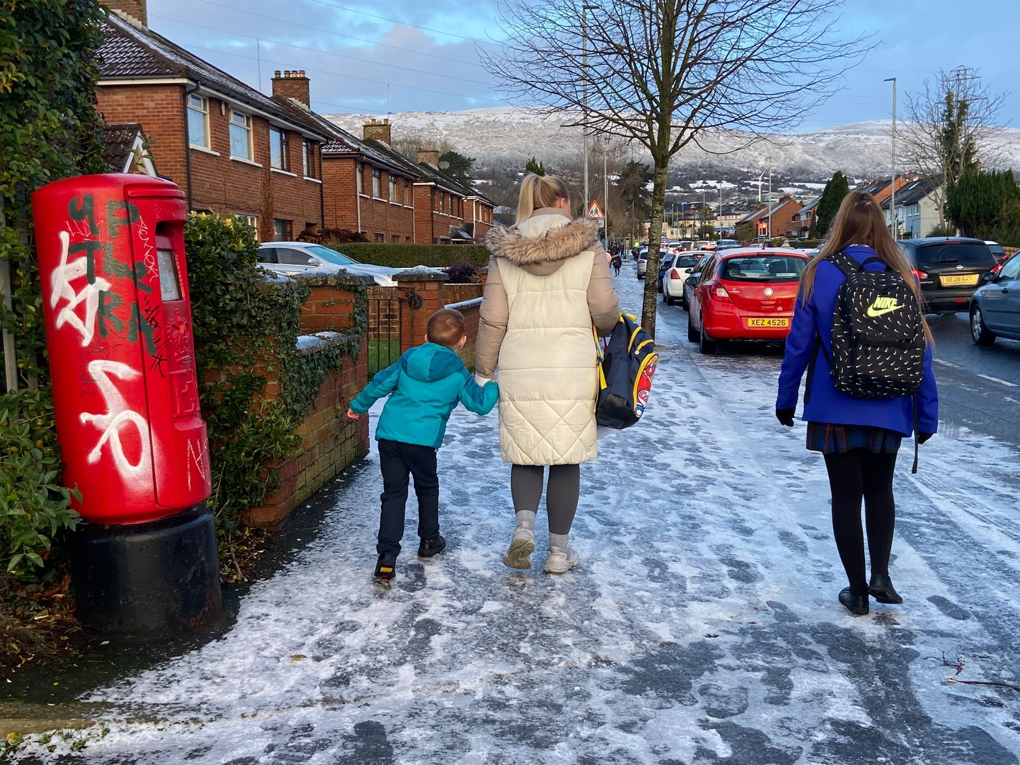 COLD SNAP: Snow and ice proved treacherous on the Wednesday morning school run on Finaghy Road North