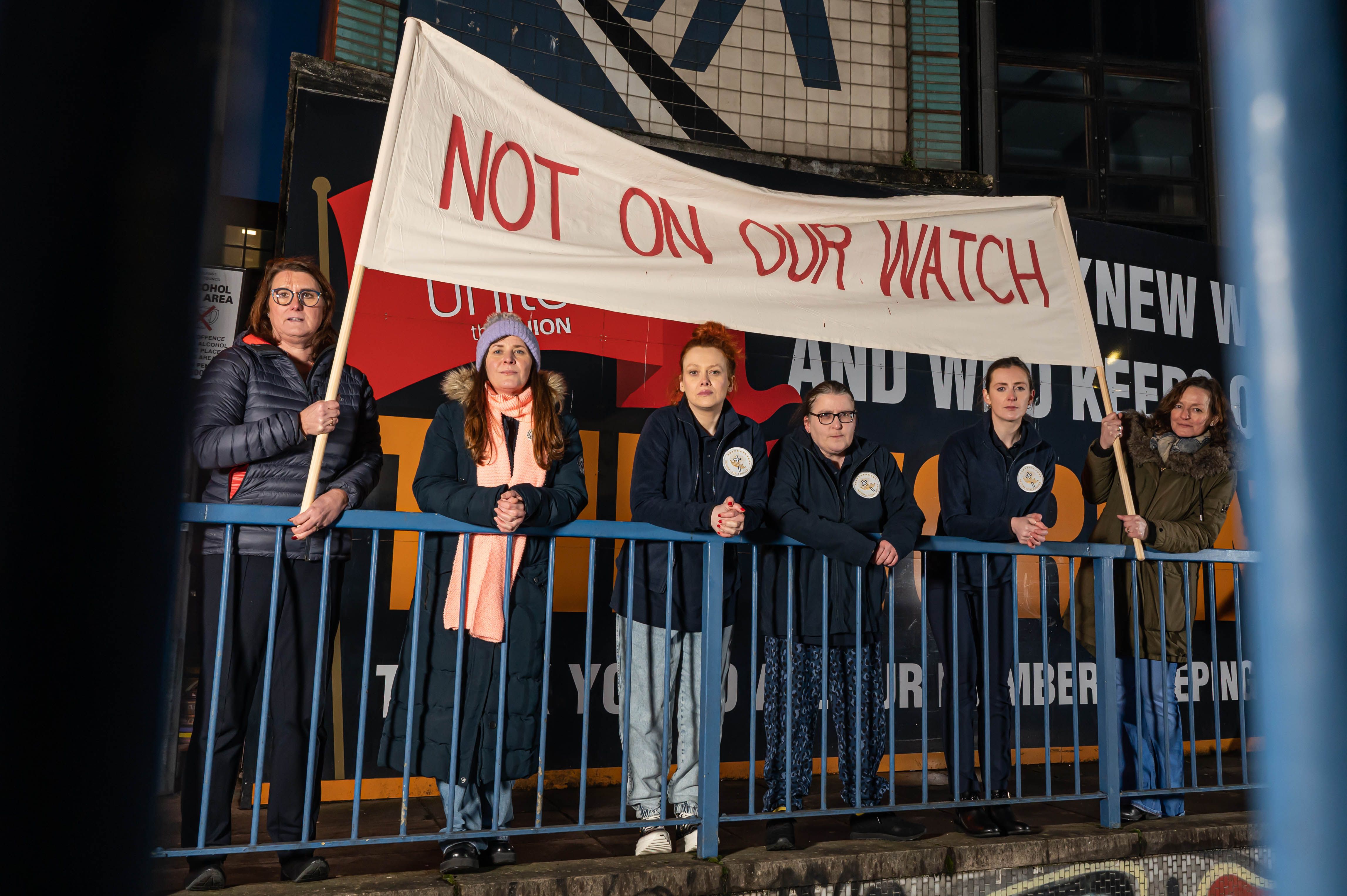 Taryn Trainor (Unite Equality Officer), Louise Mathews (playwright with the three cast members, Bernadette Brown, Rachael MCabe, Catriona McFeely and Paula McFetridge (Kabosh Artistic Director).