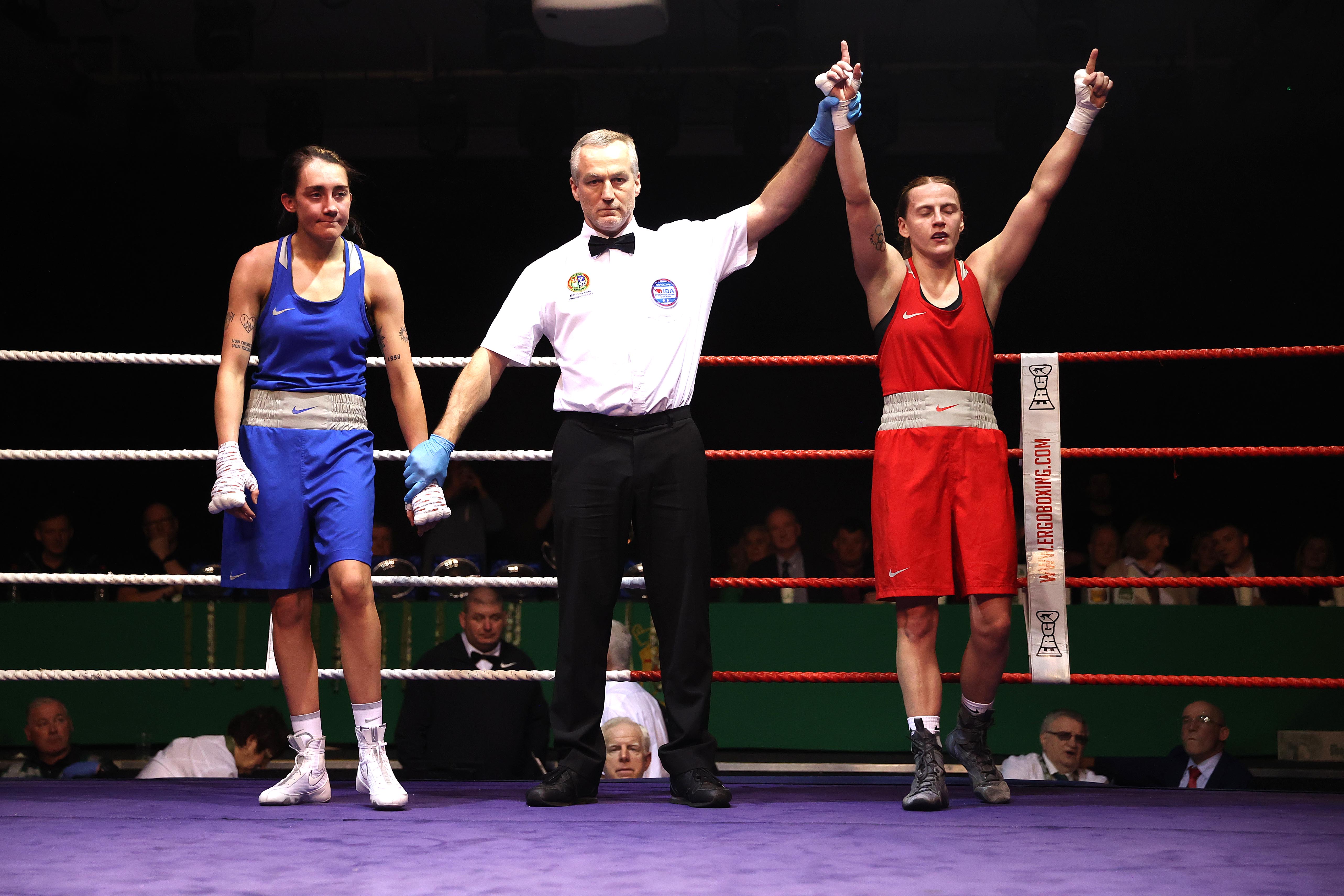 Michaela Walsh has her hand raised after her victory over Kelsey Leonard confirmed her 10th Irish Elite title on Saturday night 