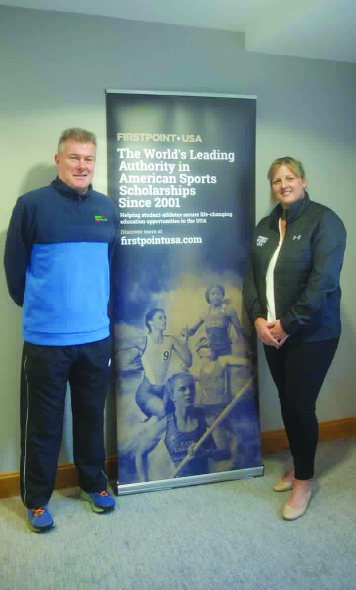 Belfast Irish Milers Meet Race Director, Eamonn Christie with FirstPoint USA’s Associate Director of Athletics, Laura Kerr