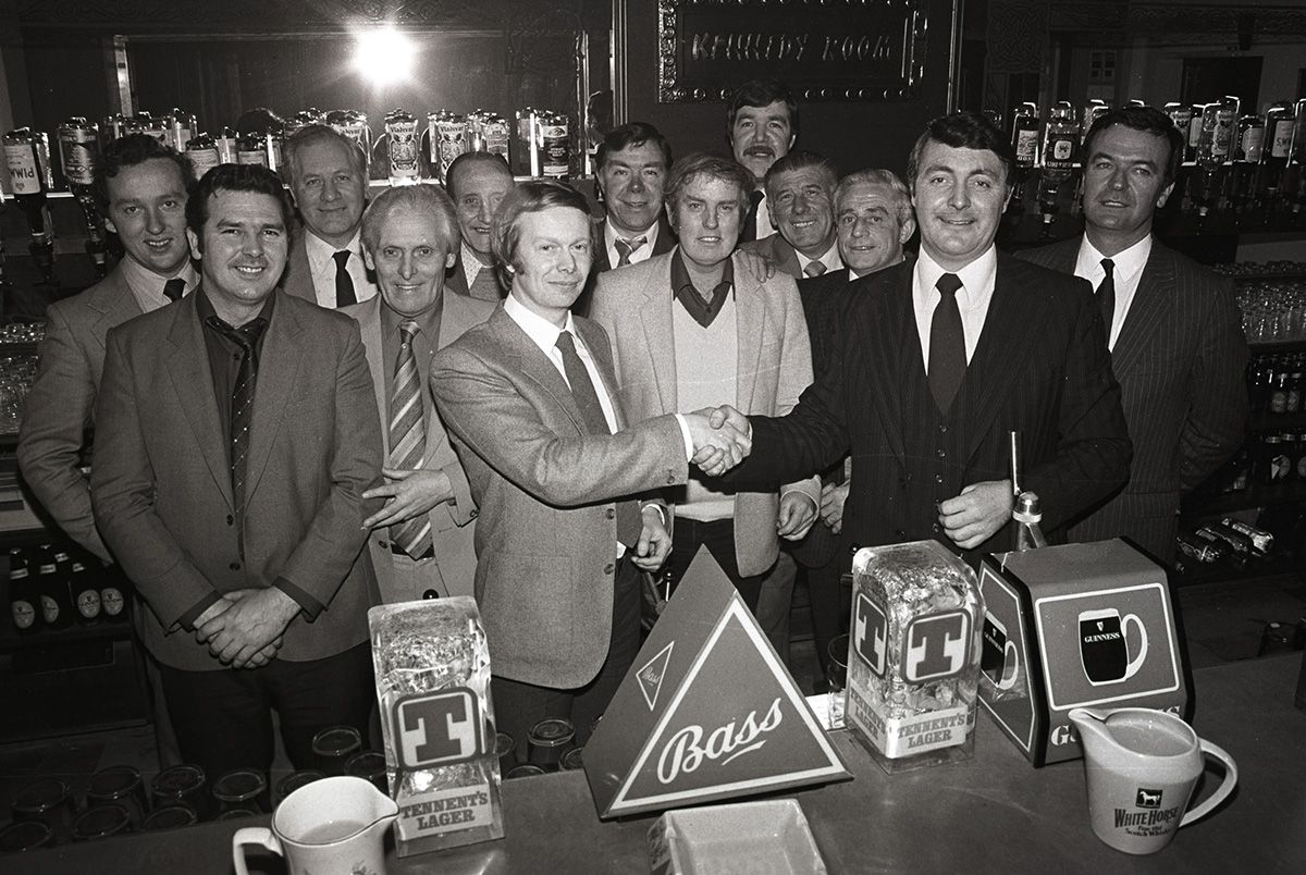 Tommy Kelly and architect Ken Gray at the opening of the new Kennedy Room in the Shamrock Club, named after Councillor Larry Kennedy who was murdered on 8 October 1981 at the club by loyalist gunmen