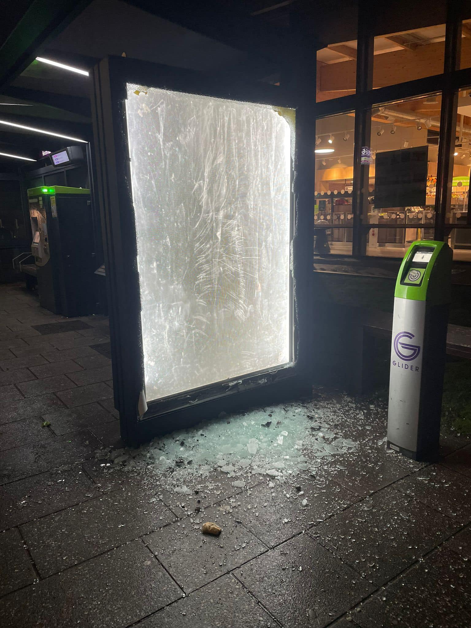 SMASHED: The Glider shelter which was damaged beside Lidl on the Andersonstown Road