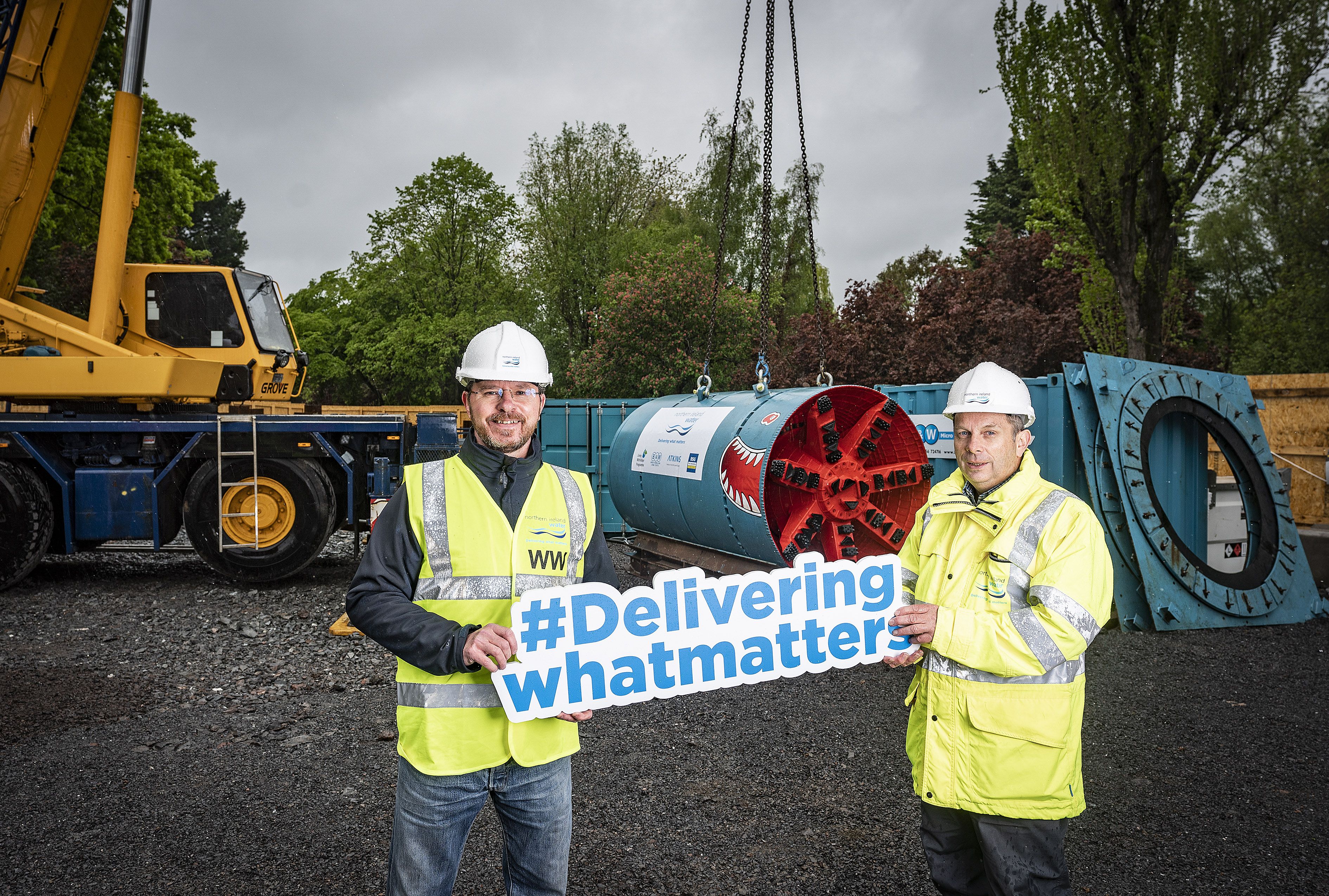 JOB DONE: NI Water’s Mark Sefton (left) and Gareth Heron pictured at the arrival of the Tunnel Boring Machine (TBM) on the site in May 2021