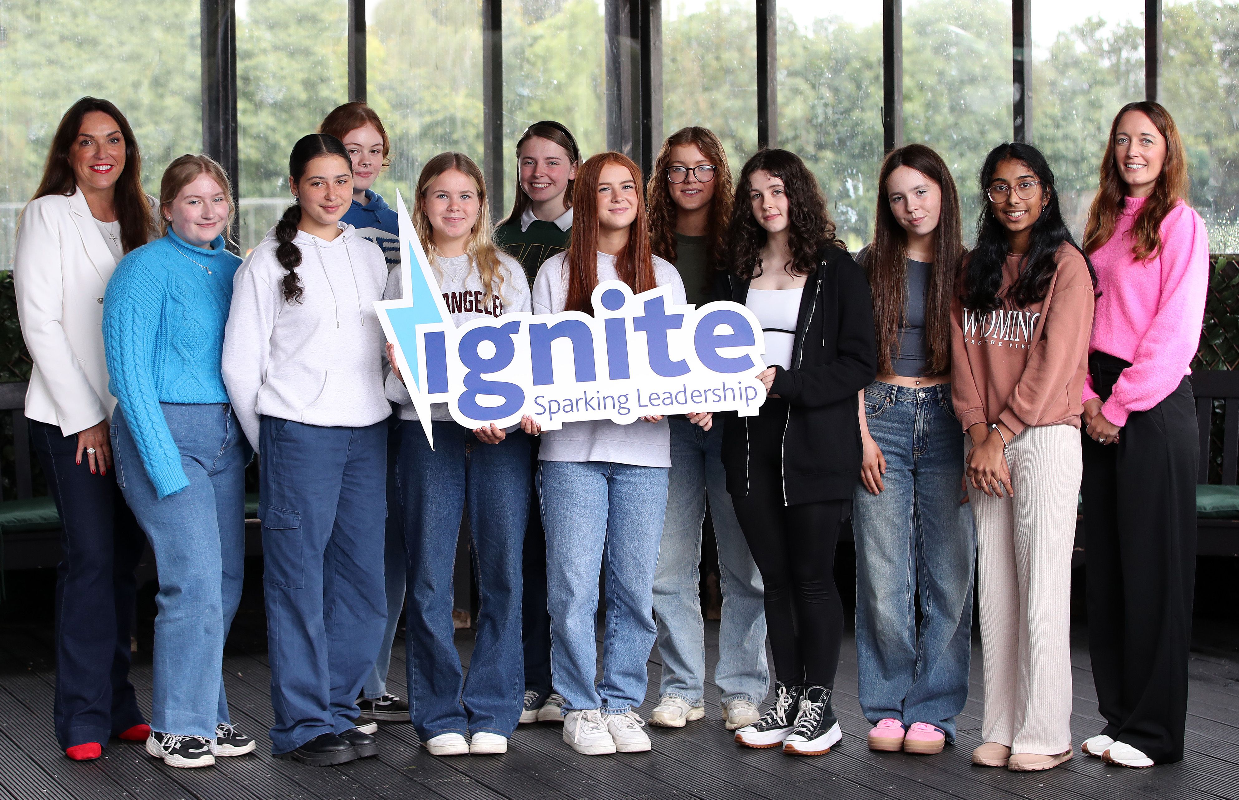 Joan Burney Keatings, Chief Executive Cinemagic and Belfast City Airport\'s Anna McKelvey with Aisling O\'Donnell, Anna Neal, Bethany Lockhart, Ellen Morgan,Erin Rice, Laura Casey, Molly Lavery, Nadia Maguire, Ruth Prabbeen and Sarah Fox