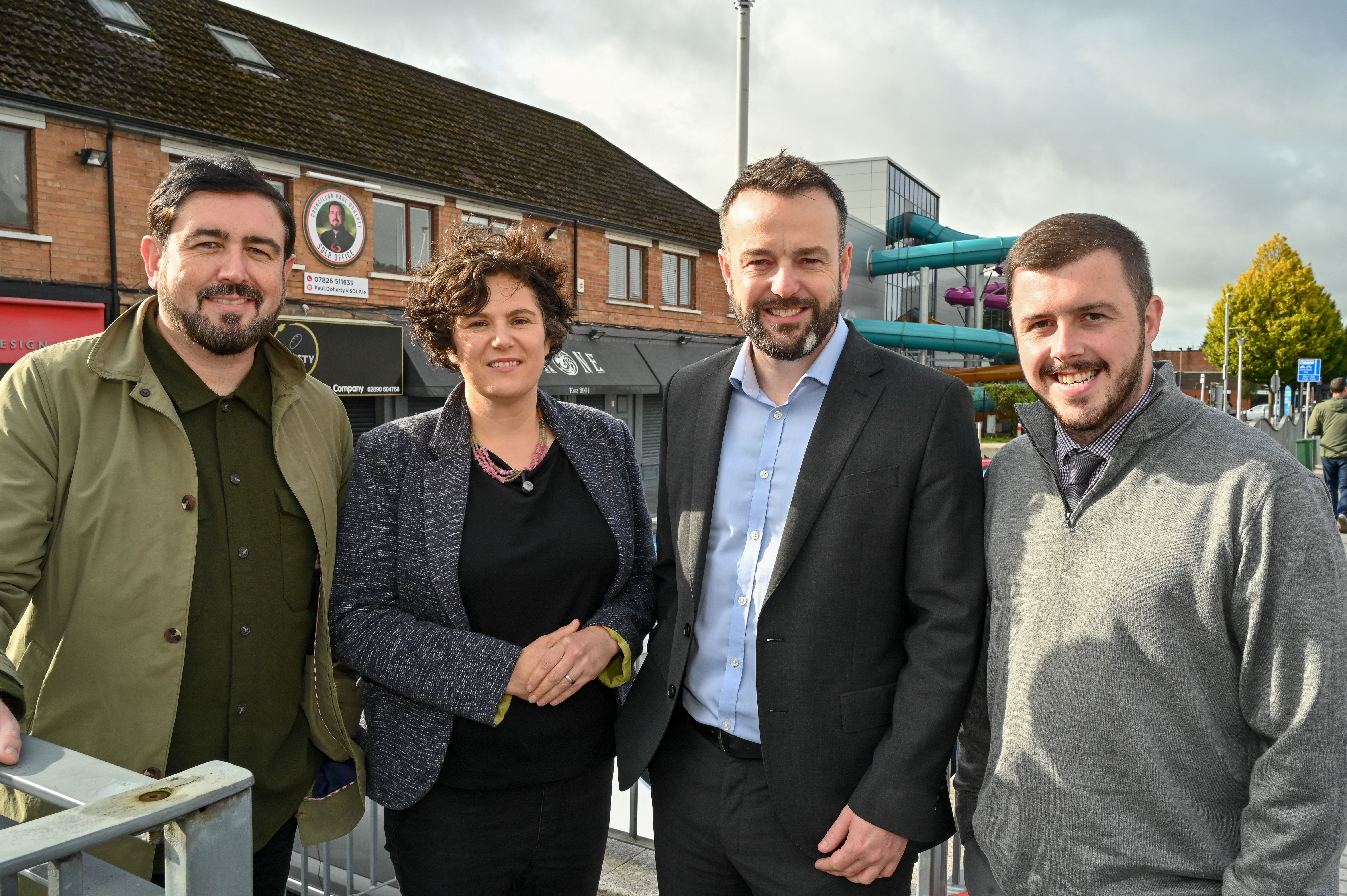 TOGETHER: Cllr Paul Doherty, left, Claire Hanna MP, Colum Eastwood MP and Gerard McDonald