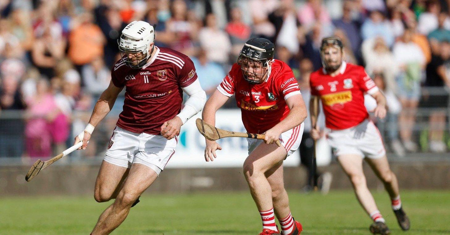 Neil McManus and Declan McCloskey in action when Cushendall defeated Loughgiel earlier in the competition 