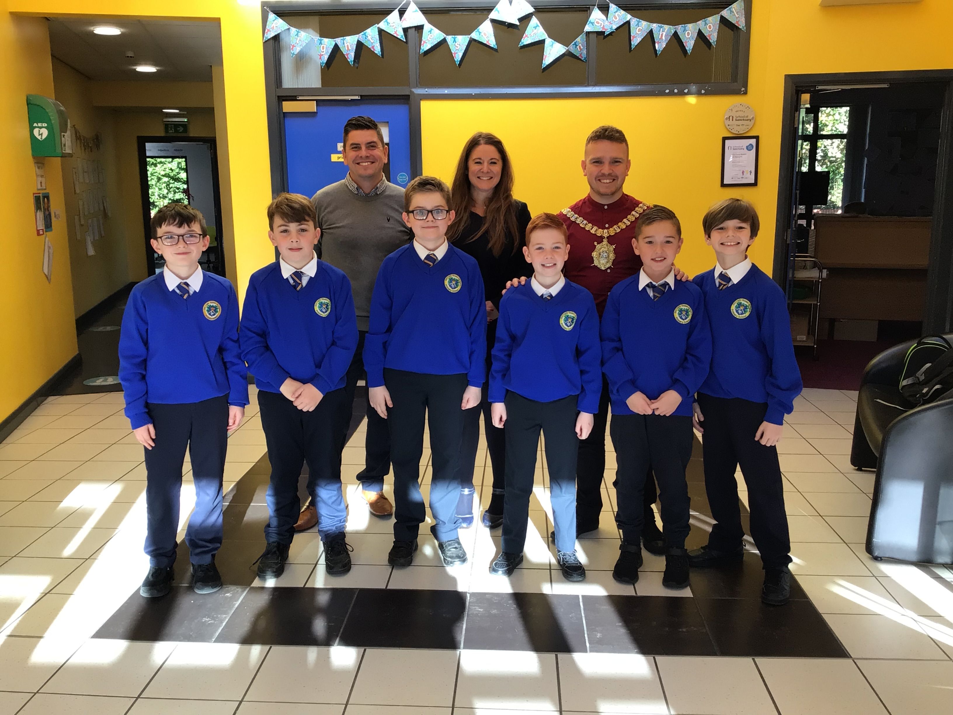 VISIT: Pupils from  Our Lady Queen of Peace PS with Children’s Commissioner Chris Quinn, Lord Mayor Ryan Murphy and Danny Baker MLA