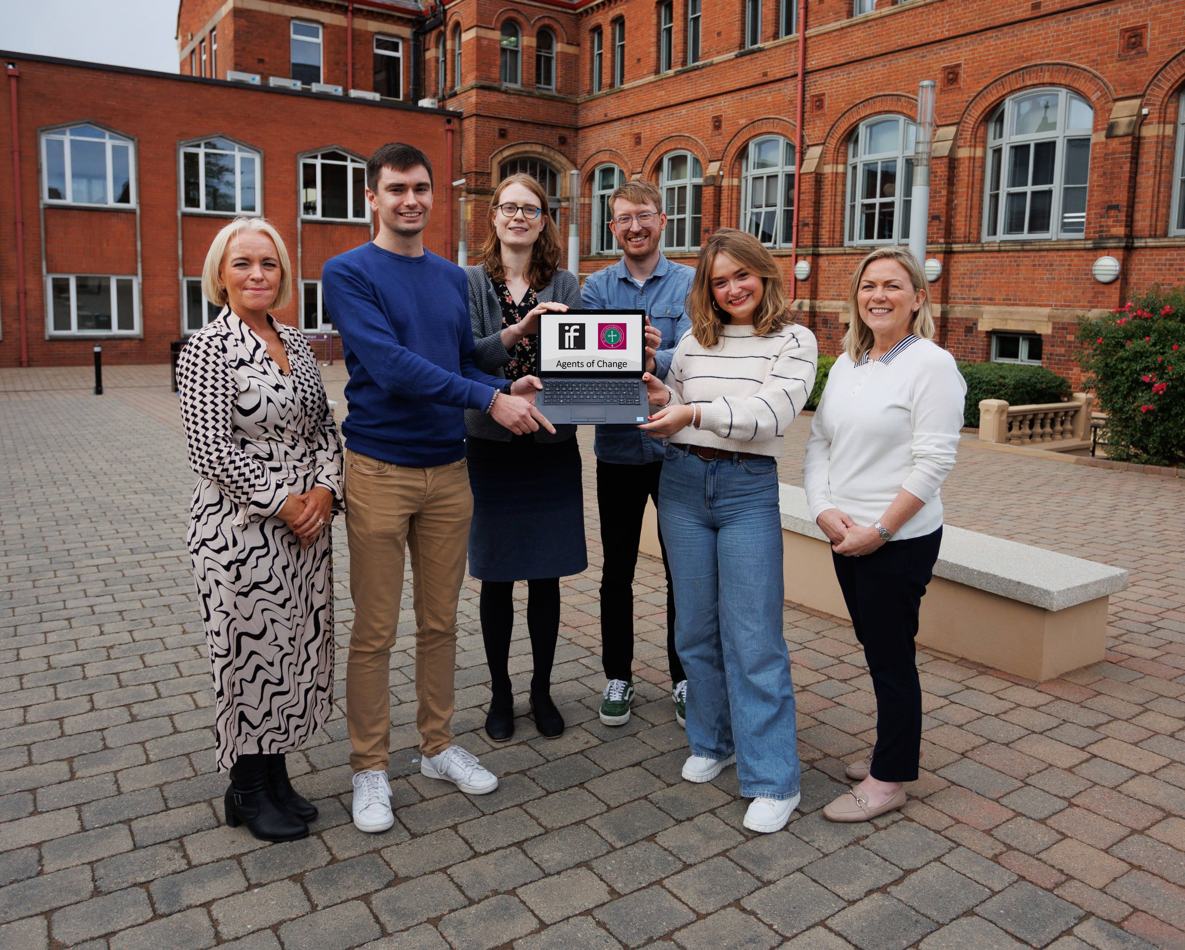 PARTNERSHIP: Student teachers Ronan McGibbon and Daisie Conway with Karen McGivern (St Mary’s University College), Giulia ni Dhulchaointigh (Department for the Economy), Neil Allen (Innovation Factory) and Lisa Toland (Belfast City Council)