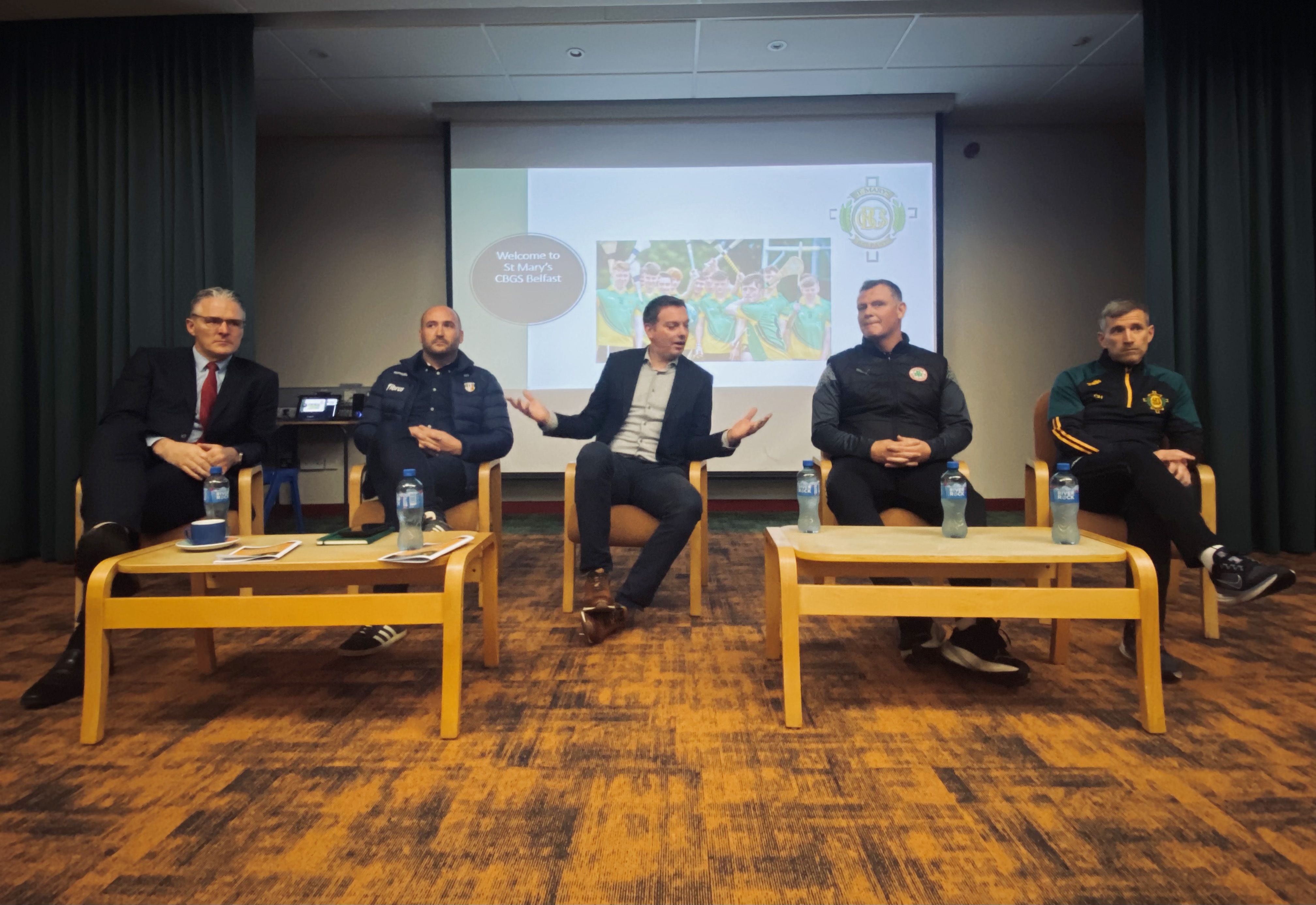 GAA president-elect Jarlath Burns (far left) with (L-R) Kevin Gamble, Féile an Phobail Director; Thomas Kane, BBC sports reporter; Jim Magilton, Cliftonville manager; Conor Hynds, Head of PE at St Mary\'s CBGS