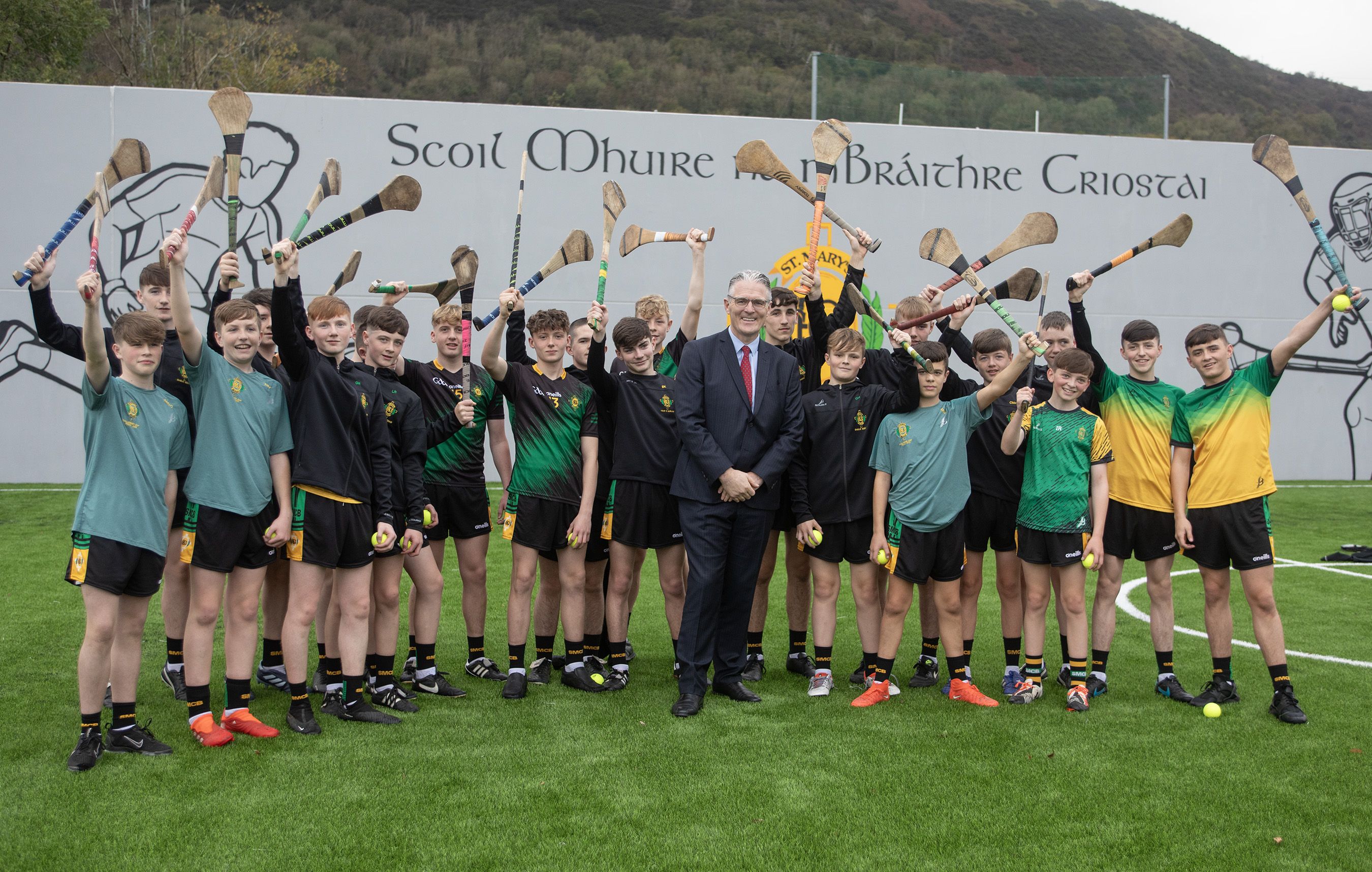 GAA president-elect Jarlath Burns with St Mary\'s CBGS pupils at the opening of the school\'s new ball wall on Thursday 