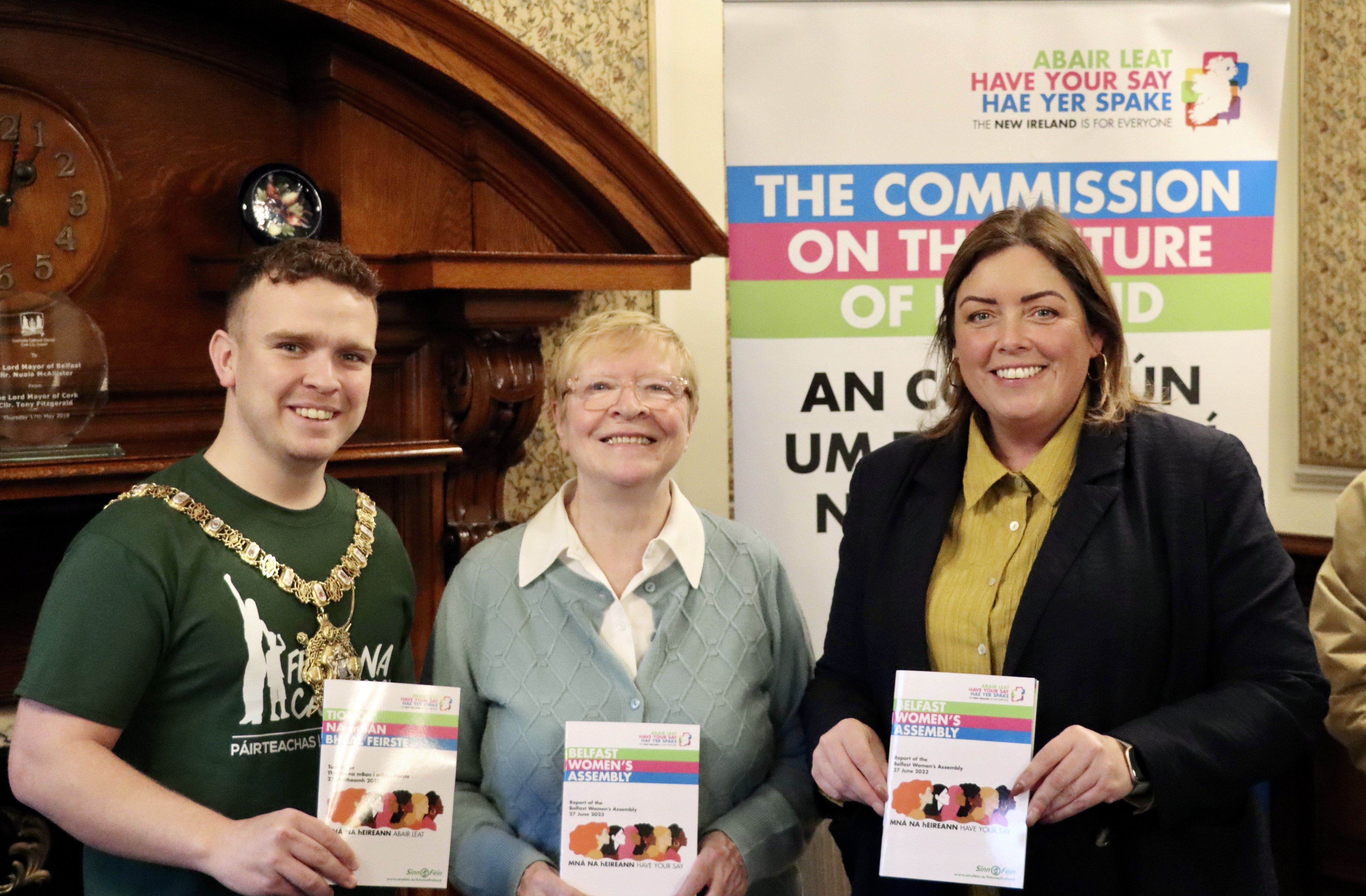 REPORT: Lord Mayor of Belfast Ryan Murphy with Independent Chairperson of the Assembly Eilish Rooney and MLA Deirdre Hargey
