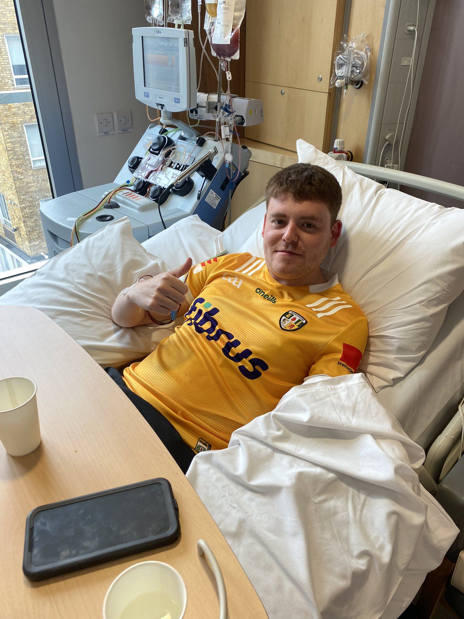 THUMBS UP: Councillor Ronan McLaughlin after his stem cell donation procedure in London