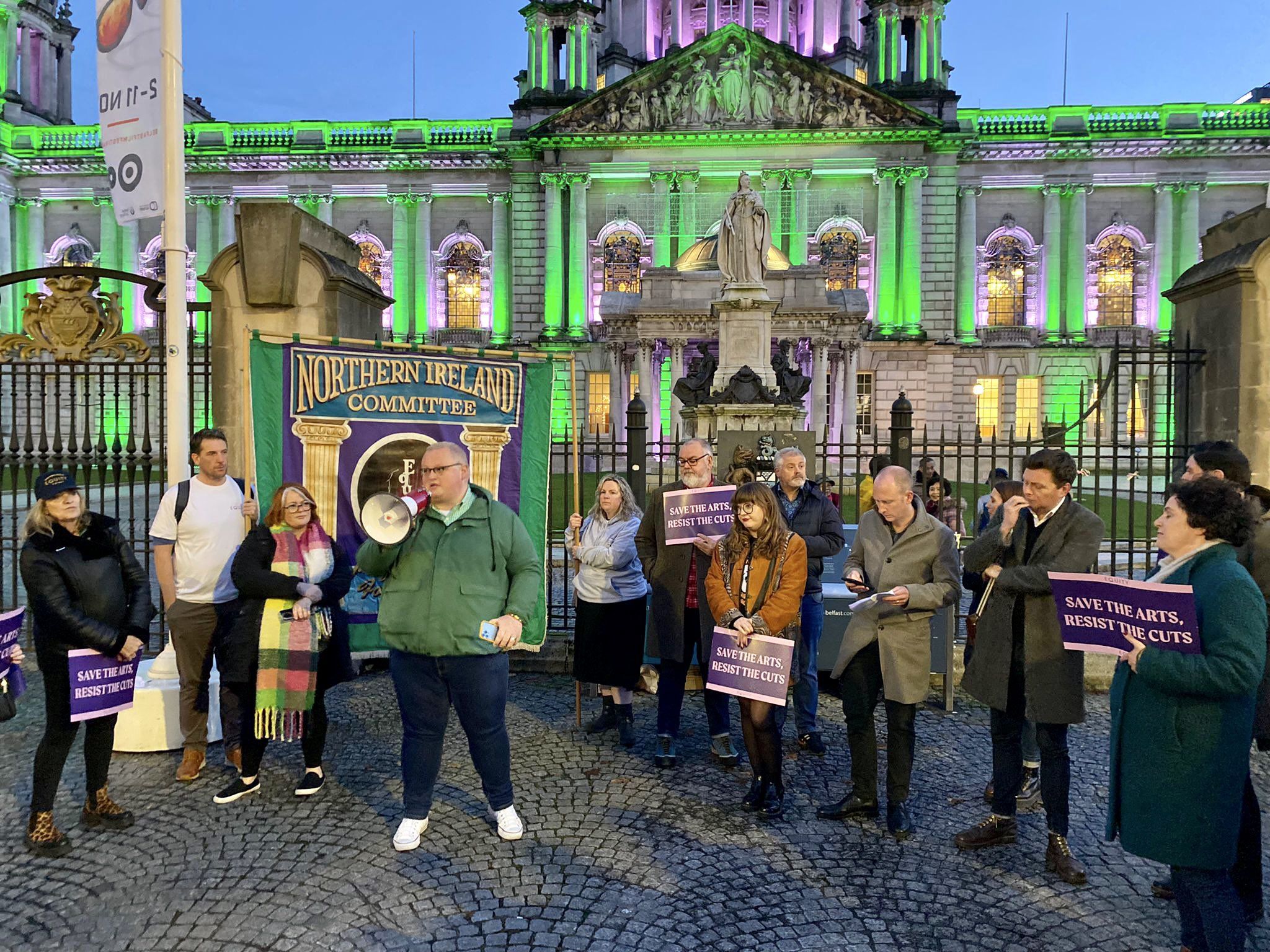 CALL: SDLP Councillor Séamus de Faoite and supporters outside City Hall protesting cuts to the arts