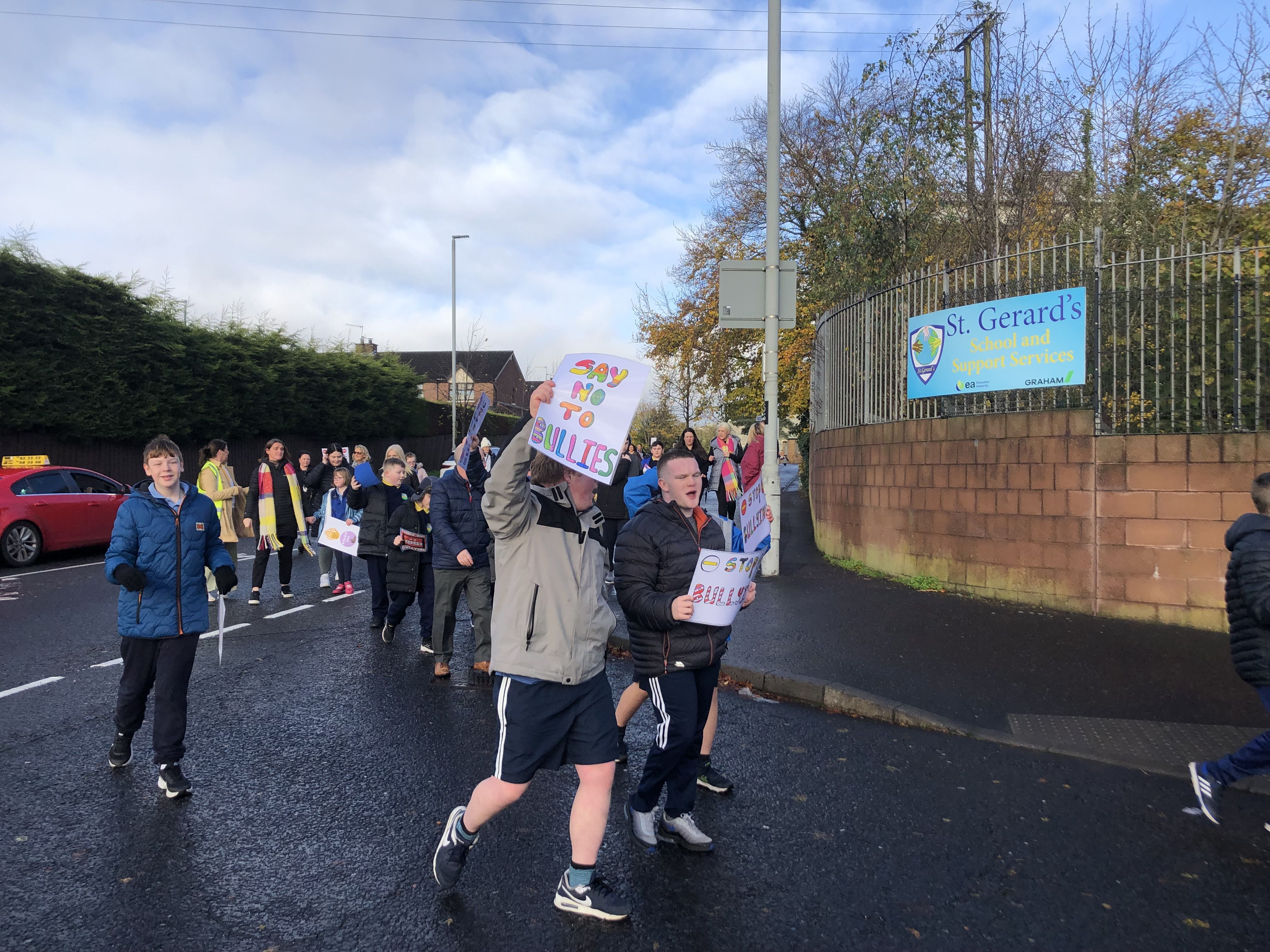 ANTI-BULLYING: Pupils from St Gerard\'s marched down the Black\'s Road as part of the \'Make a Noise\' campaign