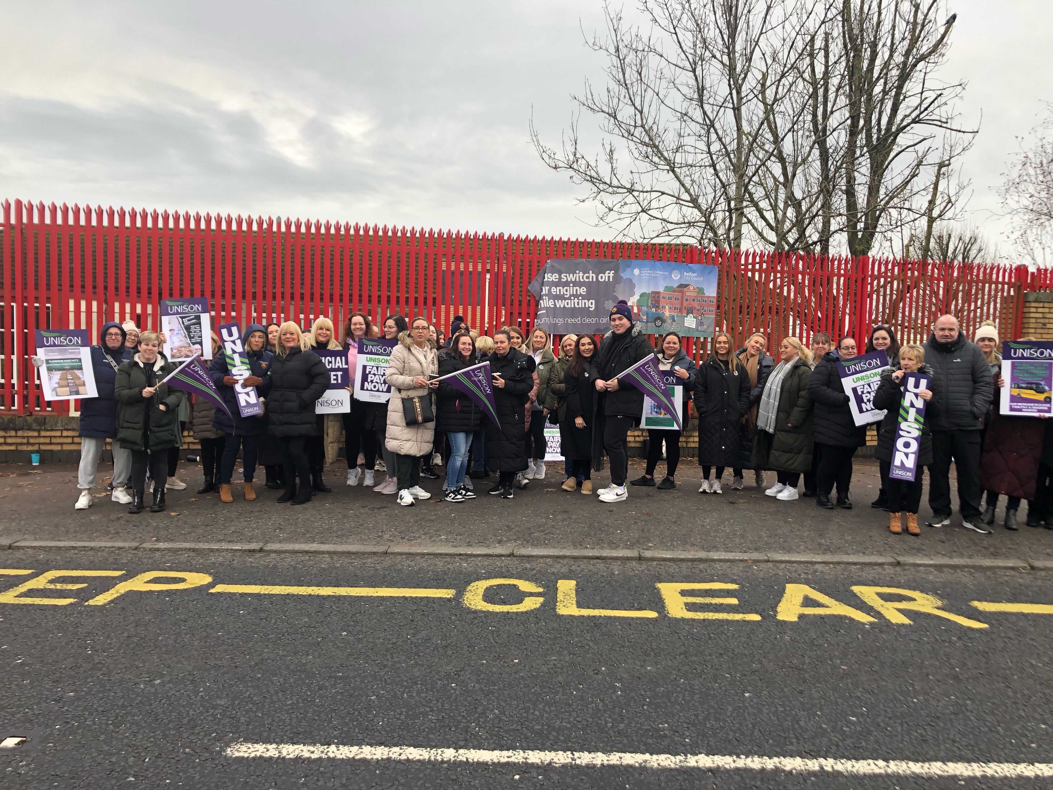 STRIKE: Education workers outside St Oliver Plunkett Primary School on Thursday