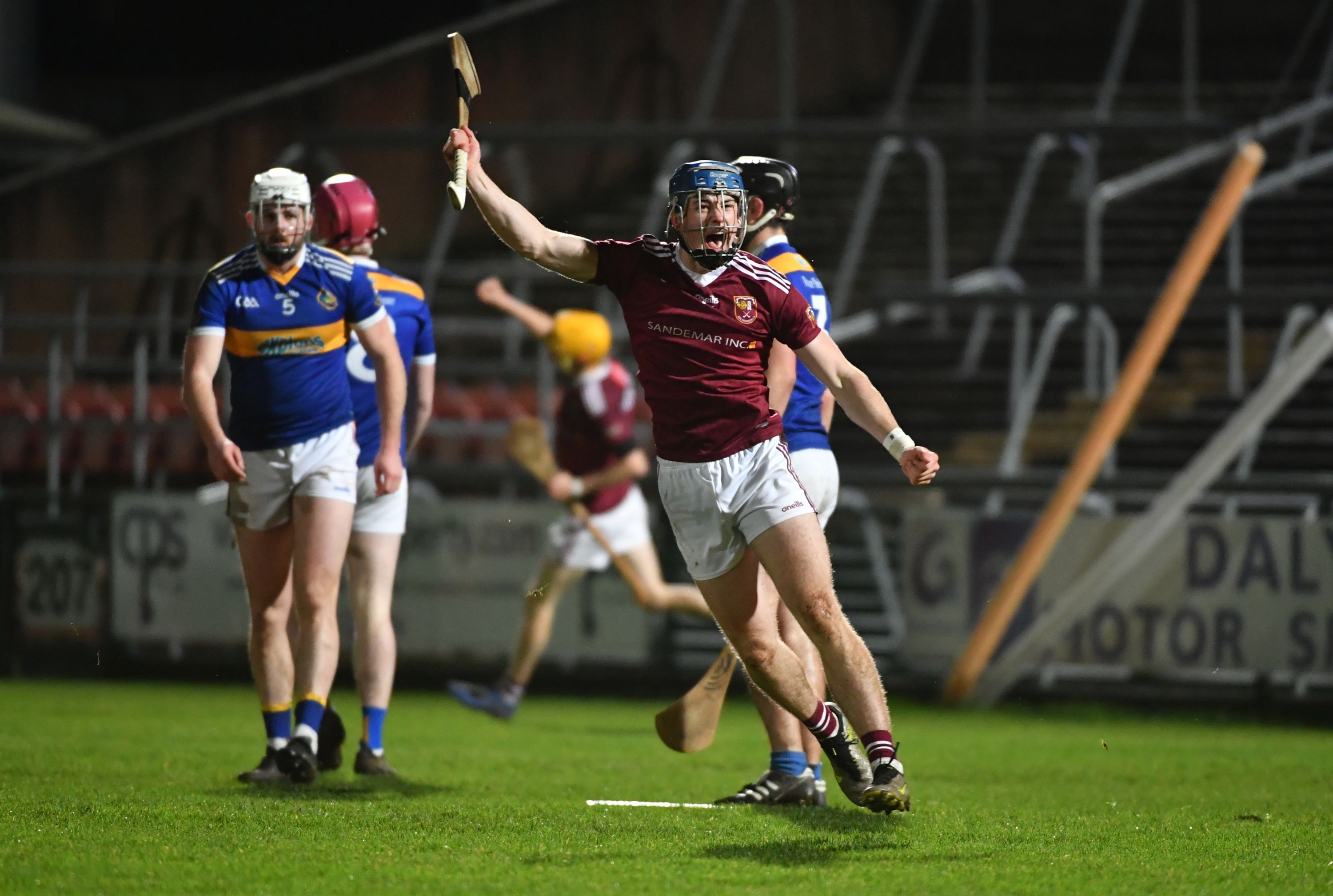 Joe McLaughlin celebrates after setting up Alex Delargy for Cushendall\'s third goal on Sunday 