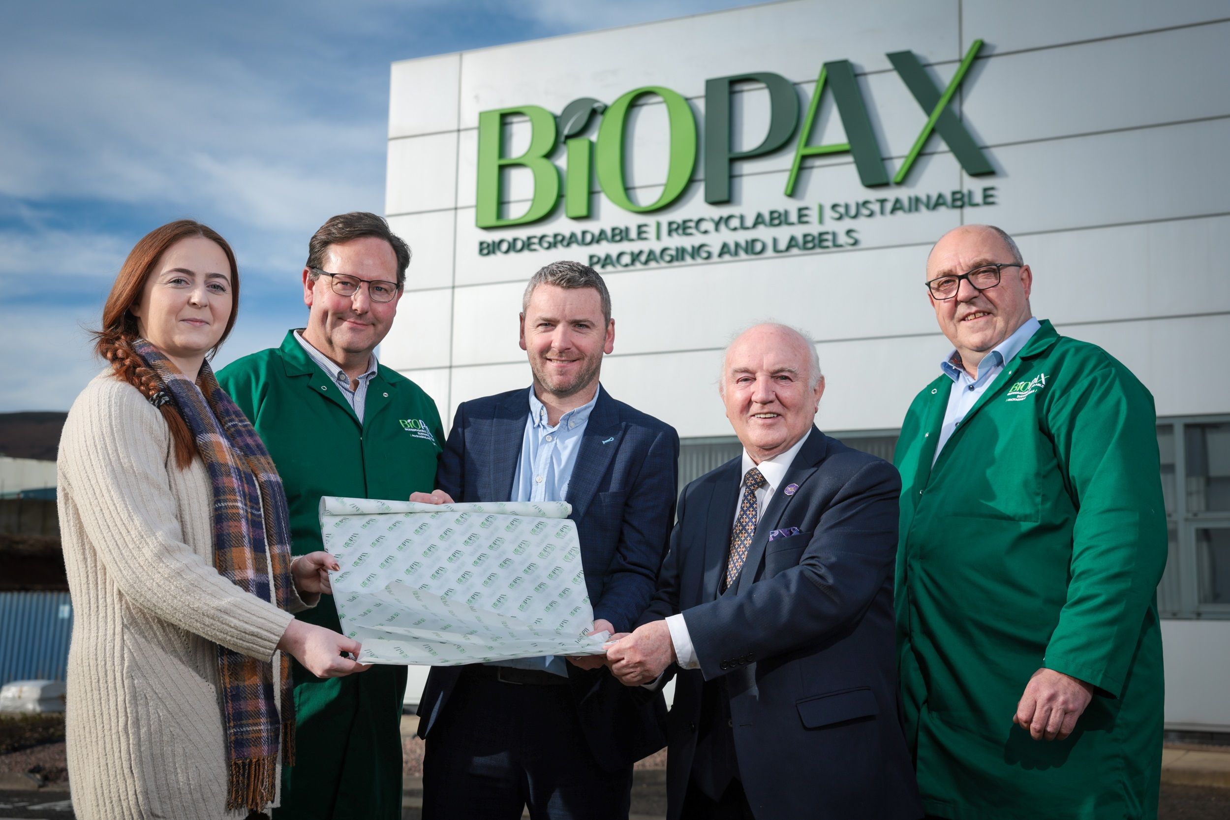 INVESTMENT: Niamh Flannery (Prepress Studio Lead, Biopax), Alister Farmer (Senior Technical Manager, Biopax), Liam O’Connor (Sales and Marketing Director, Biopax), Dr Terry Cross OBE (Chairman, Biopax) and Greg Prescott (General Manager, Biopax)