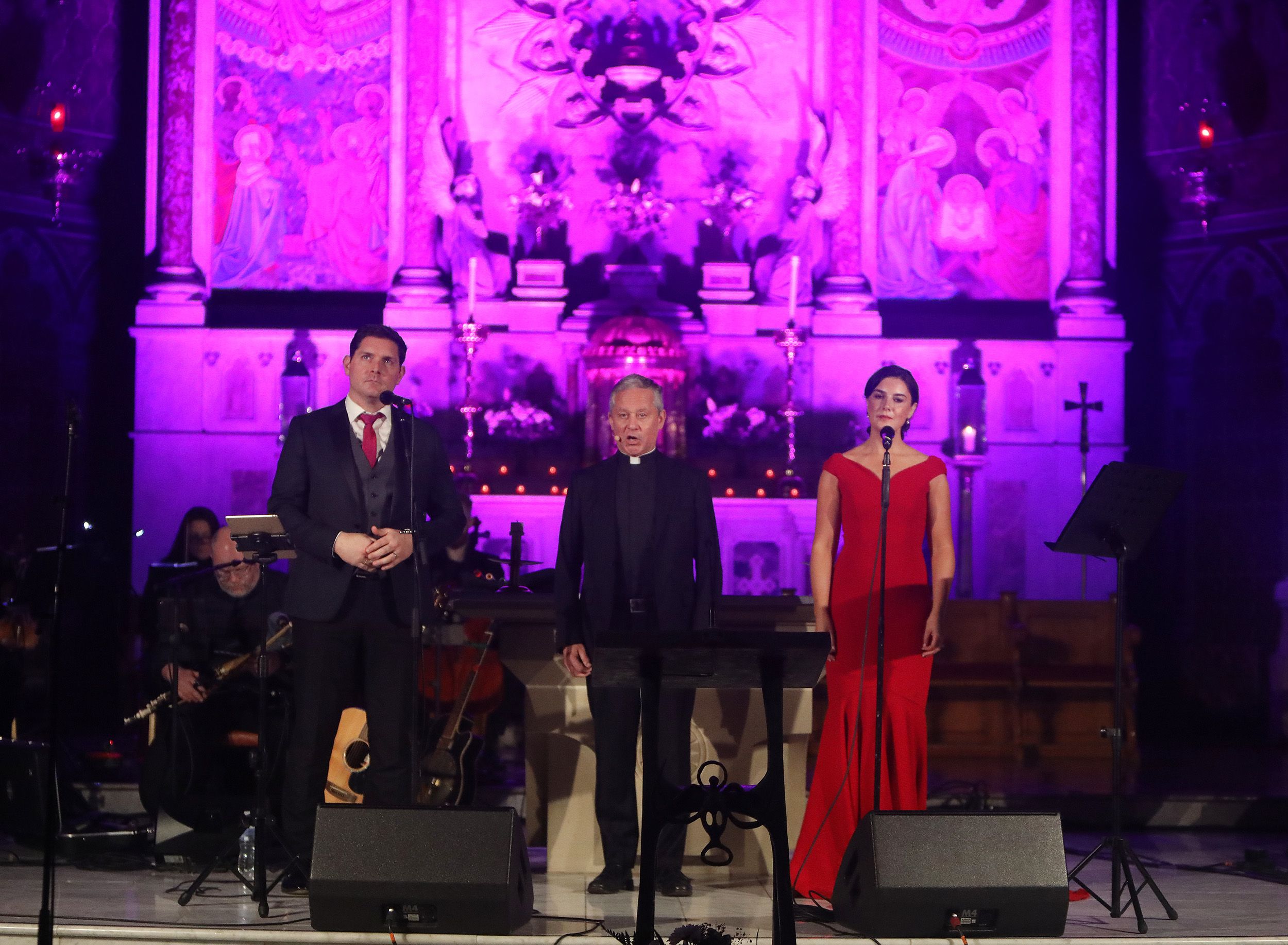 ON SONG: Malachi Cush, Fr Martin O’Hagan and Margaret Keys perform at the launch of St Vincent de Paul’s Annual Appeal in Clonard Monastery