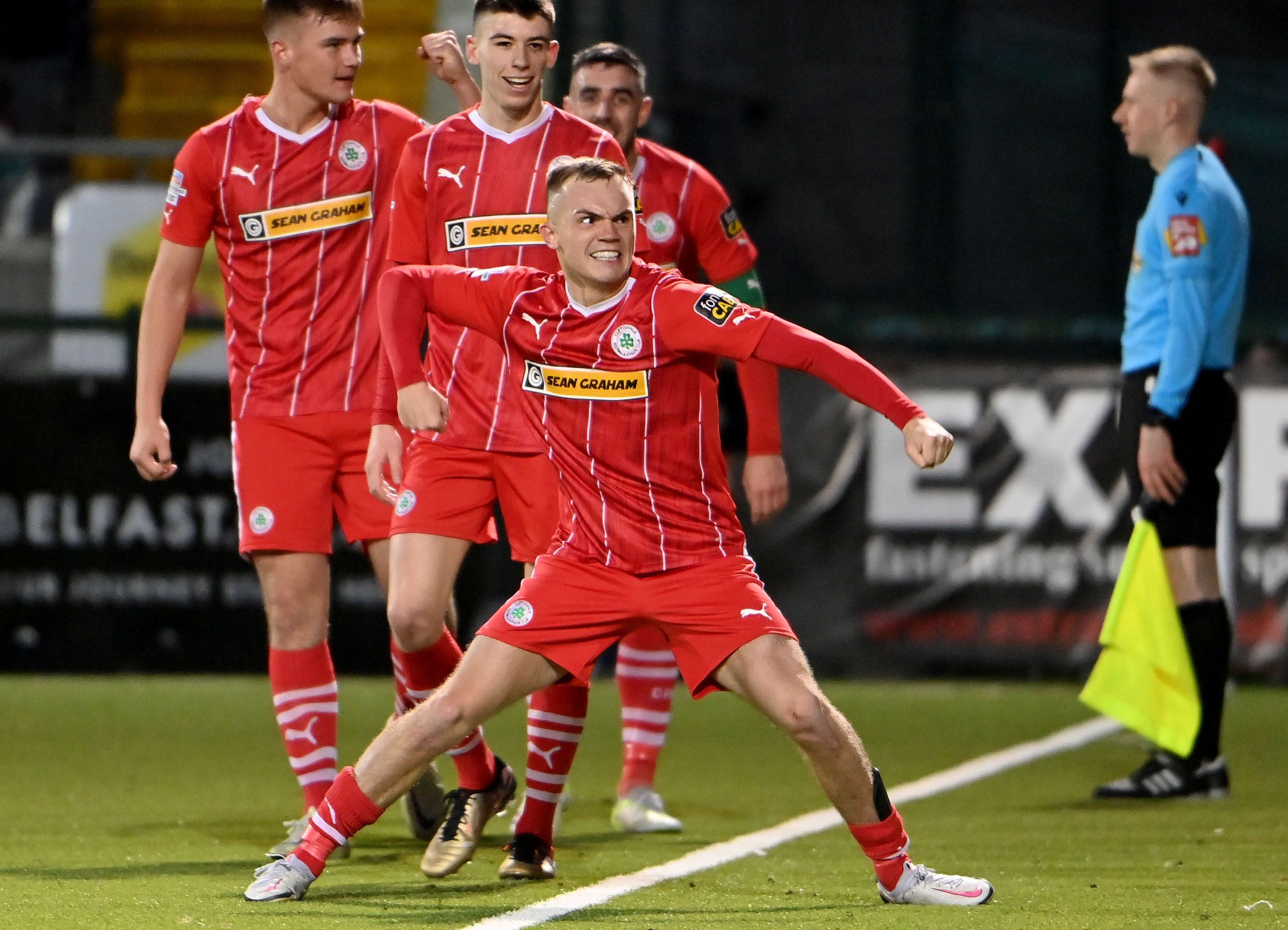 Rory Hale punches their after doubling the Cliftonville advantage 