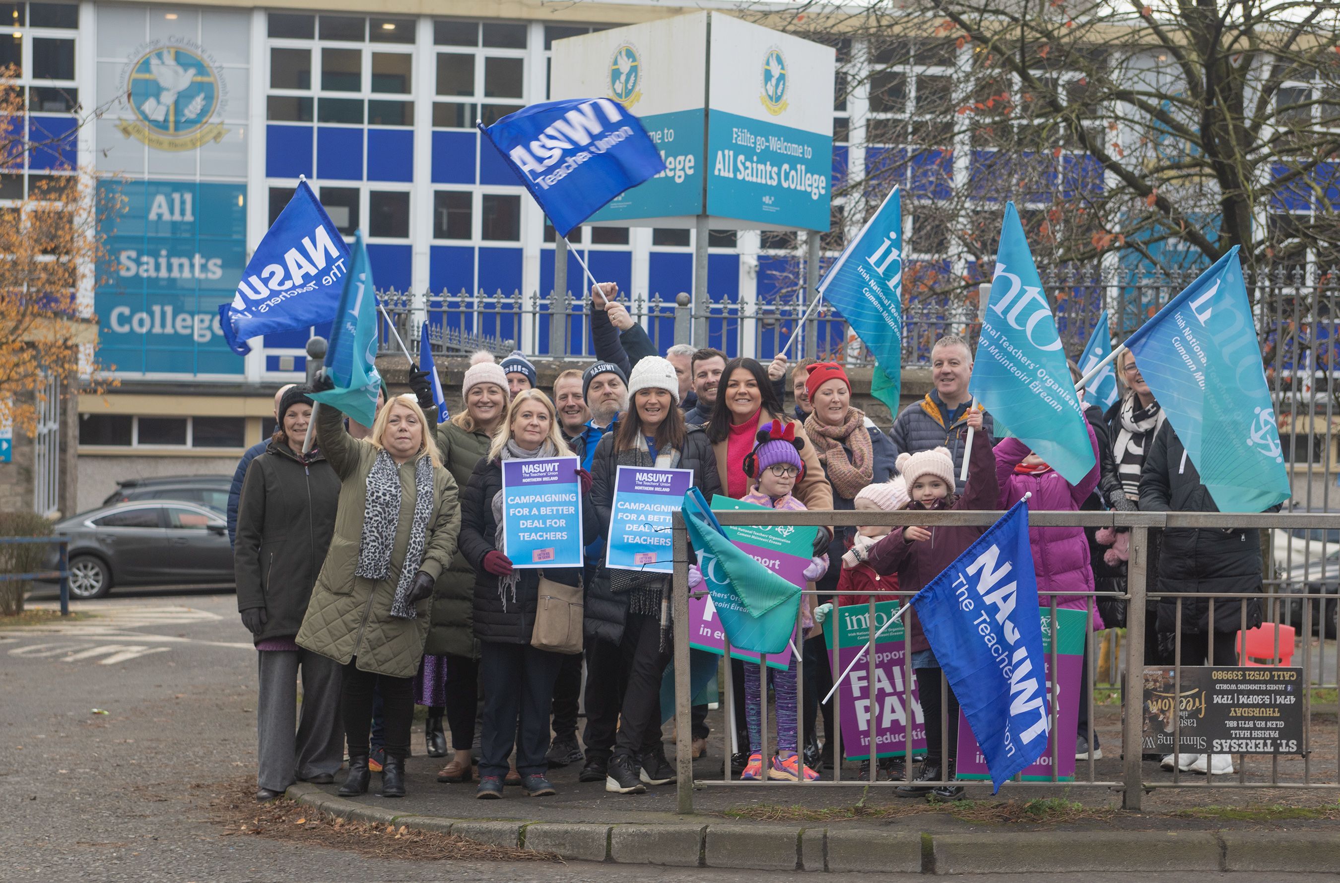 STRIKE ACTION: Teachers at All Saints College on the Glen Road on Wednesday morning