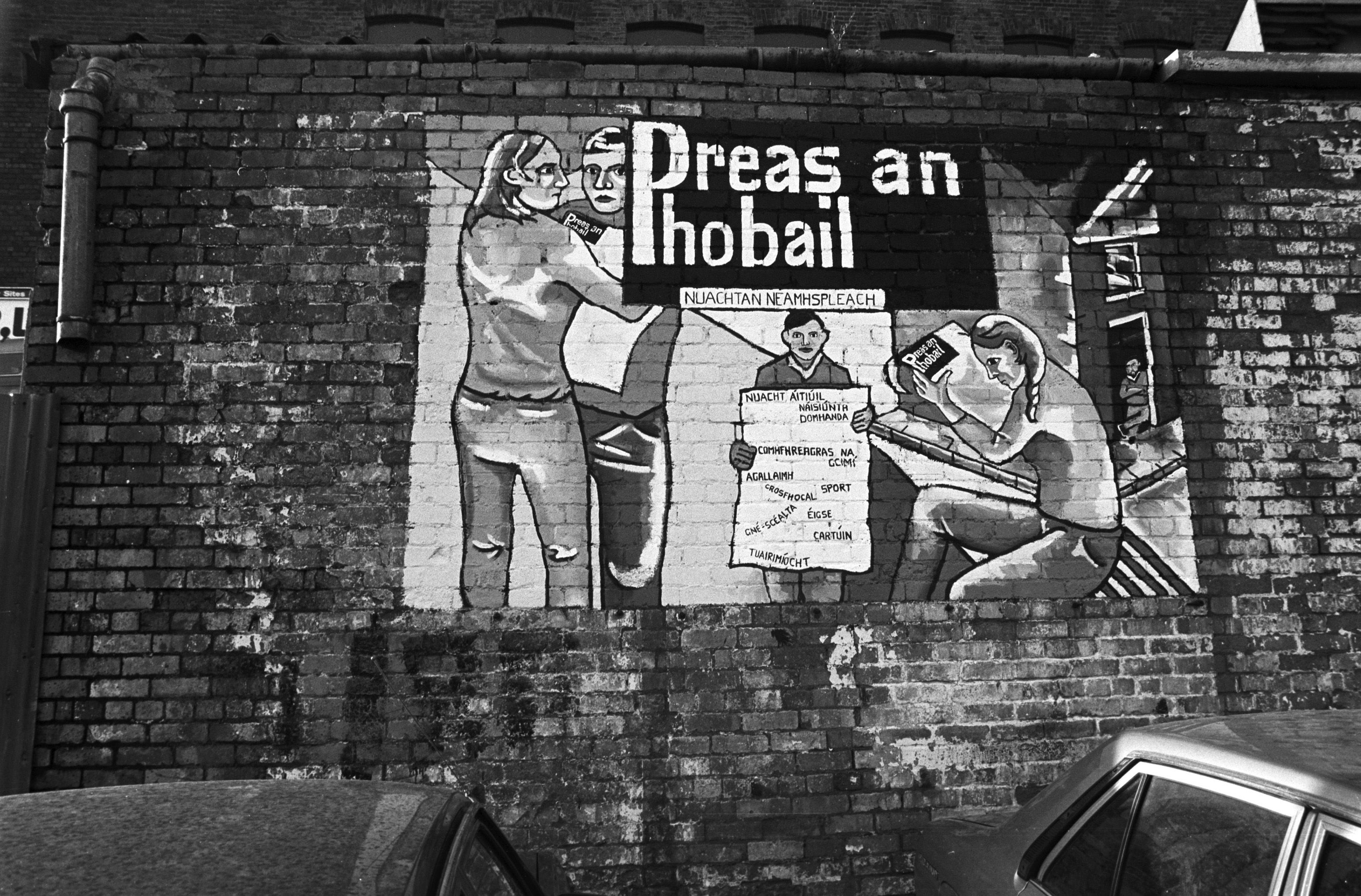 SIGN OF THE TIMES: Preas an Phobail mural promoting the return of the Irish language paper in November 1982