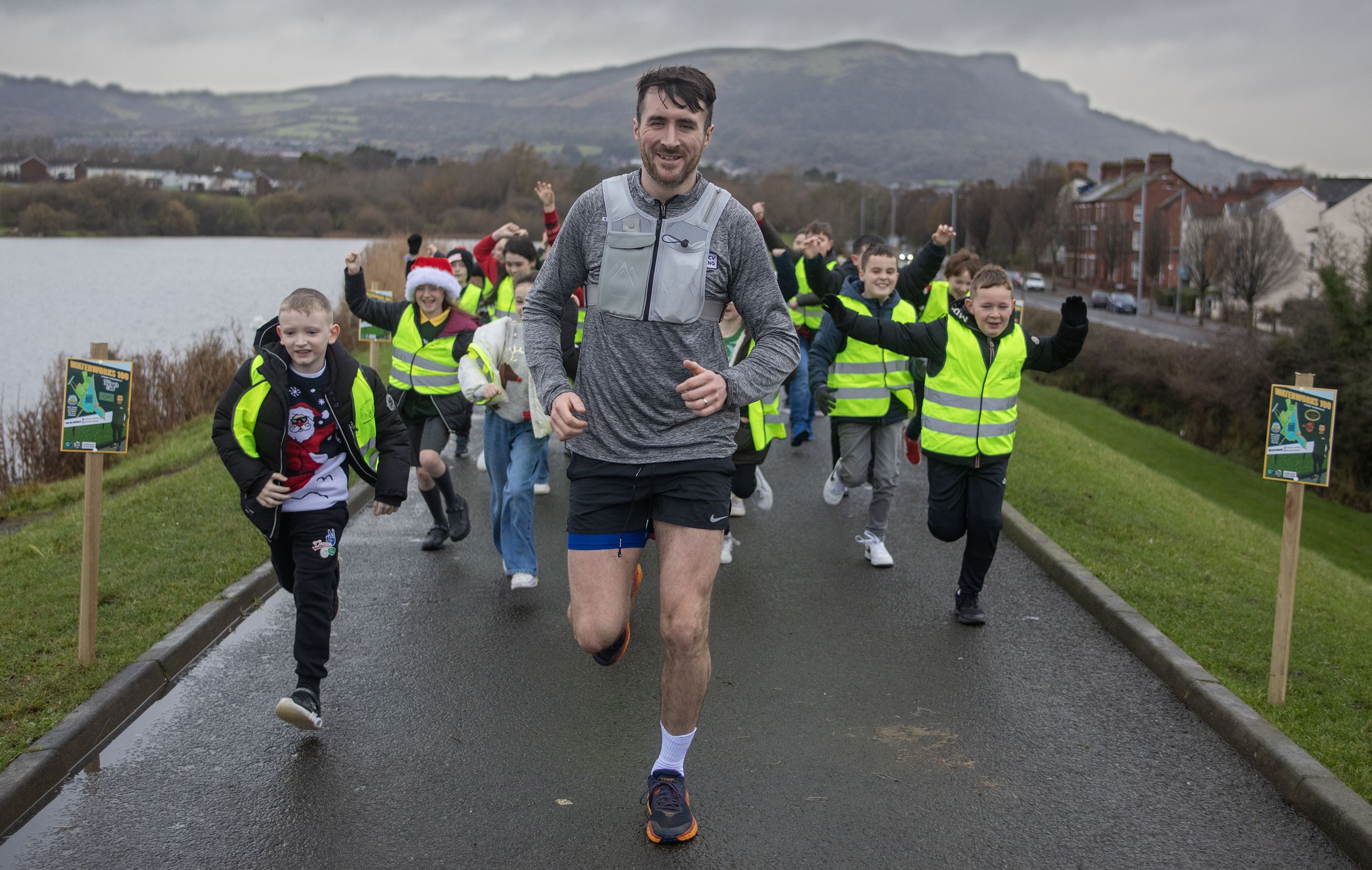 WATERWORKS CHALLENGE: Oisín McVicker with the support of local school kids