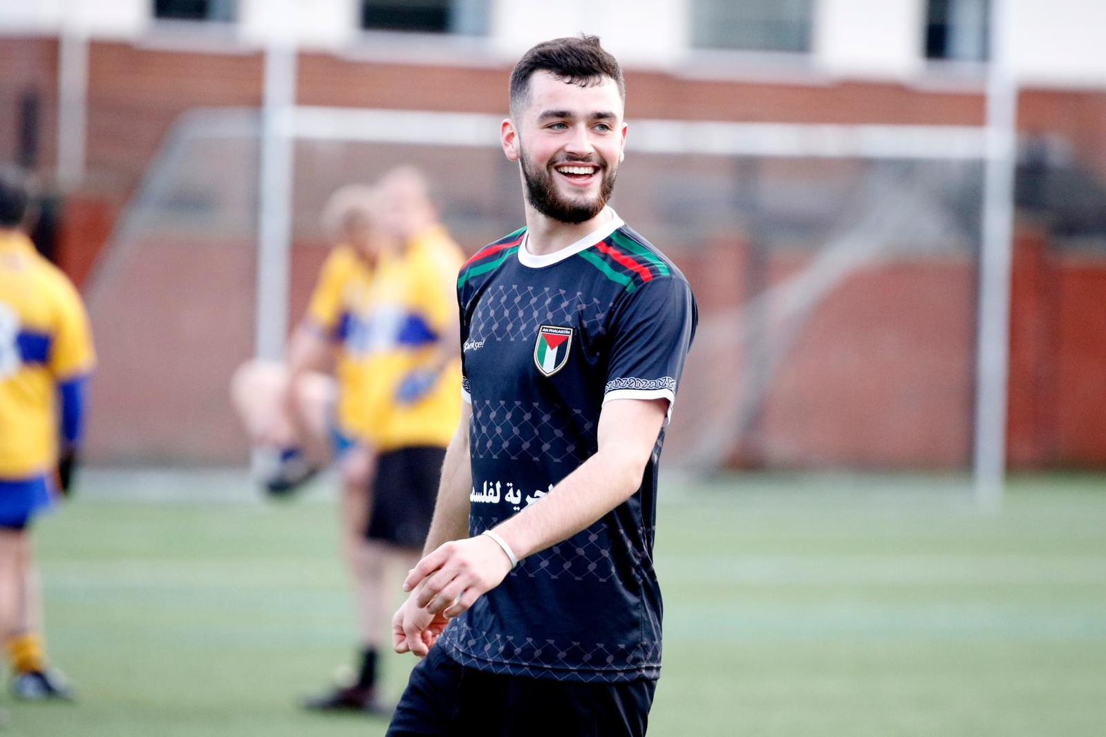 PALESTINE SUPPORT: Laochra Mac Iomaire with one of the sports jerseys