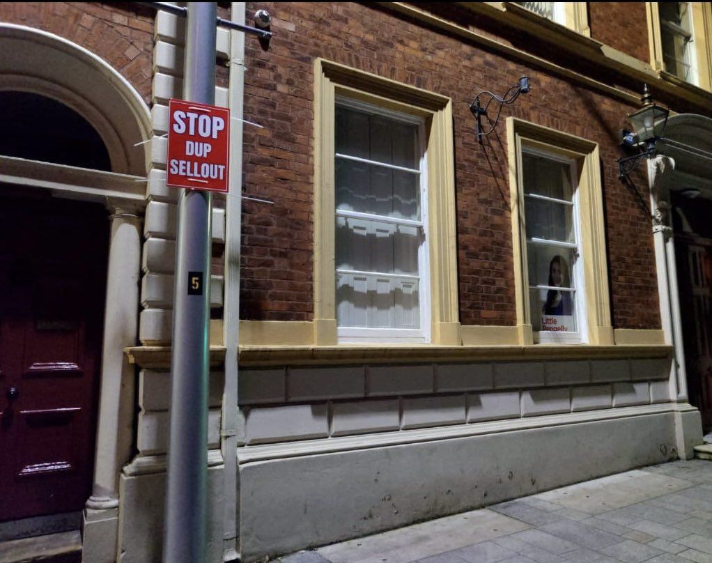 COLD FEET: This poster was erected outside Jeffrey Donaldson\'s constituency office in Lisburn at the weekend