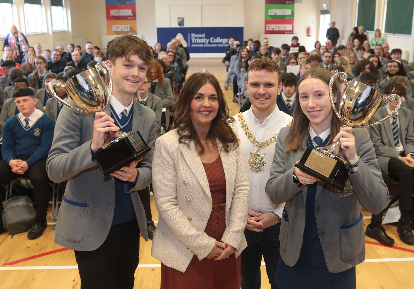 Principal's Cup winners - Conor Creagh and Megan Creighton with Principal Bernadette Lyttle and Lord Mayor Councillor Ryan Murphy
