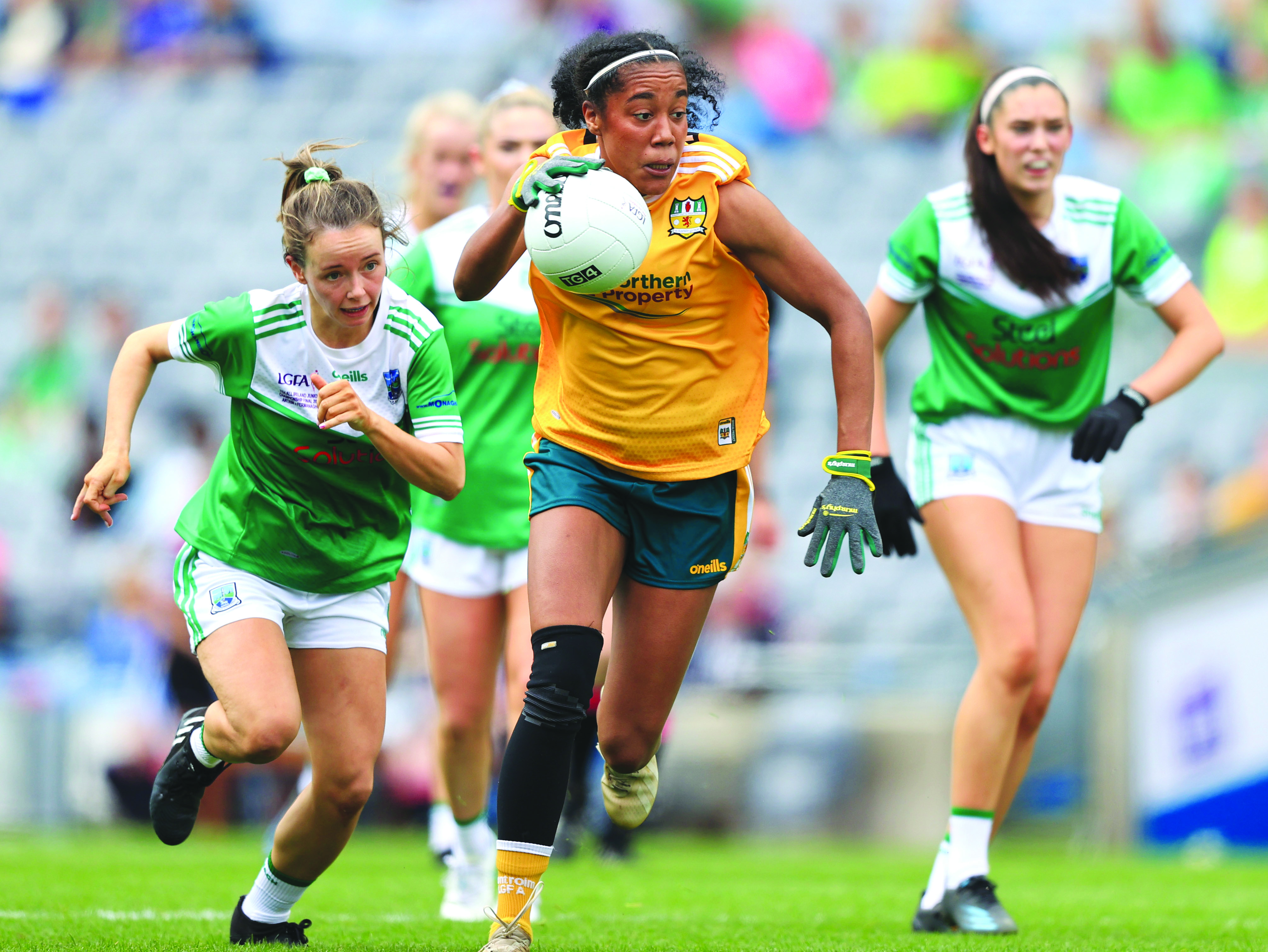 Lara Dahunsi, pictured during last year’s drawn All-Ireland Junior final against Fermanagh, has been identified as a key figure for the Saffrons by manager Emma Kelly