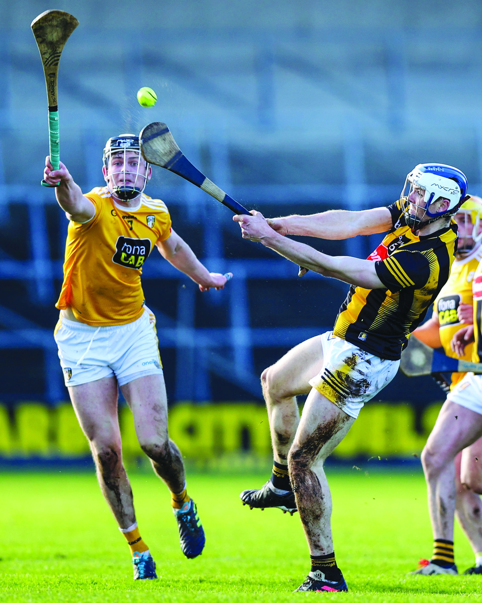 Joe Maskey attempts to blocks down Huw Lawlor during last year’s game at Nowlan Park where Kilkenny survived a late Antrim rally to win by three  