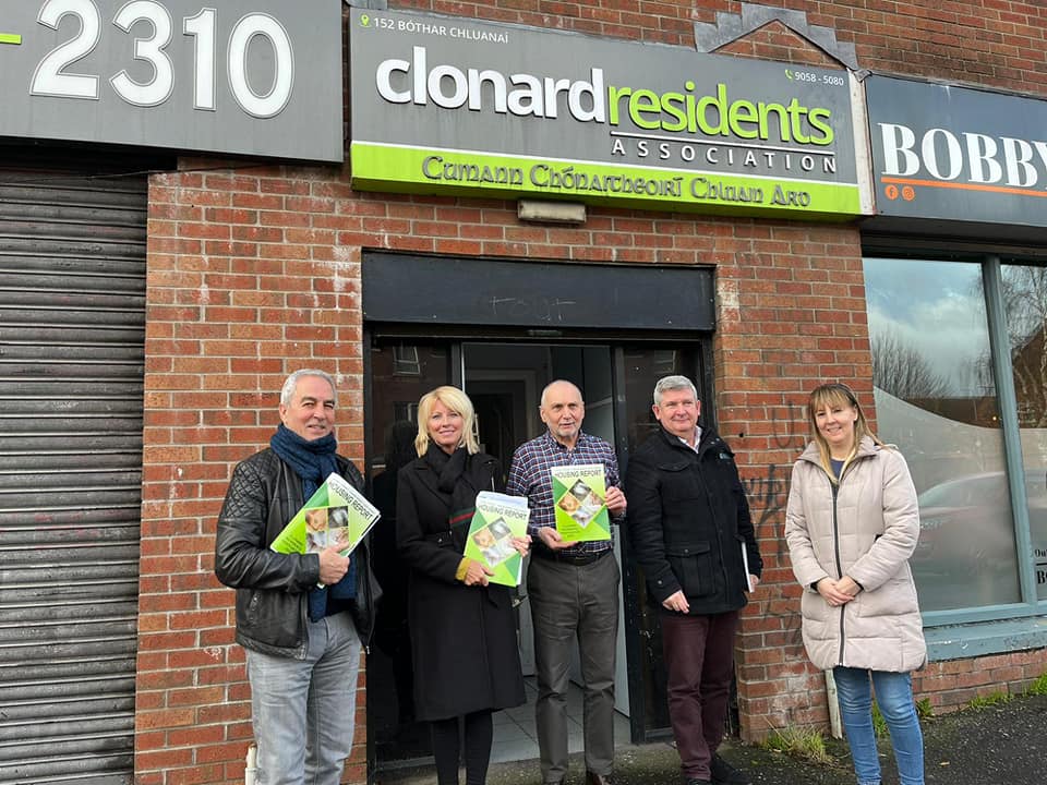 Sinn Féin MLA Pat Sheehan and Cllr Claire Canavan, with Seán Murray from Clonard Residents\' Association and Paddy Kelly and Margaret Marley from the Housing Executive 