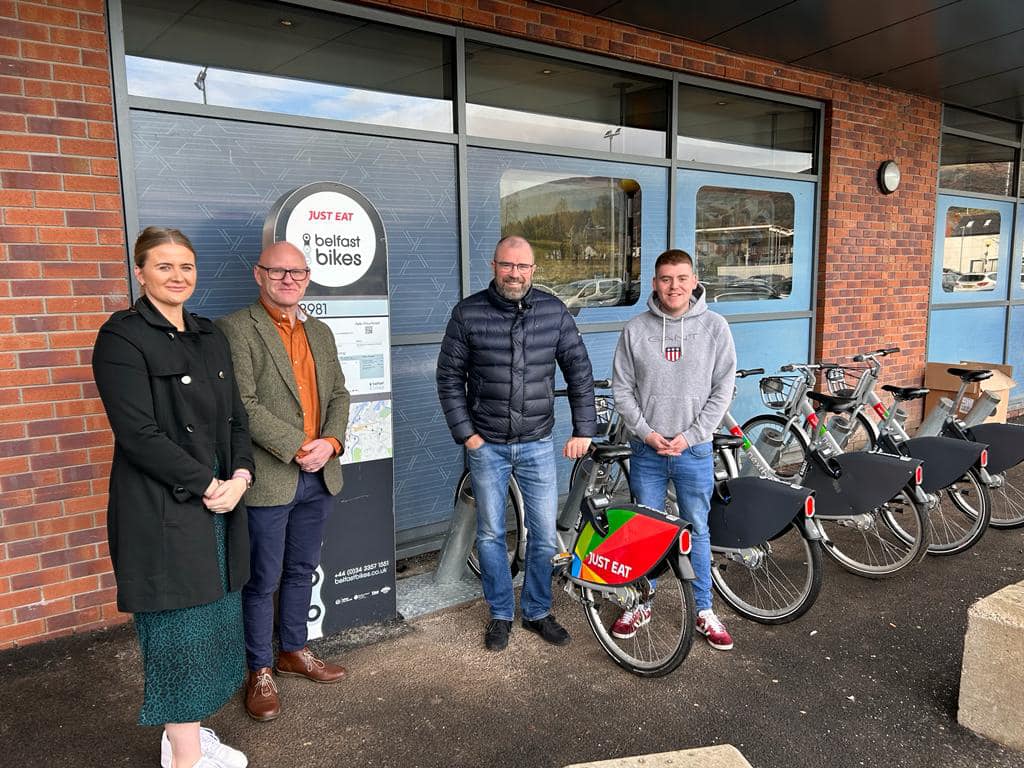 ON YER BIKE: Sinn Féin MLA Aisling Reilly, Paul Maskey MP, Cllr Rónan McLaughlin and Centre Manager at the Kennedy Centre John Jones