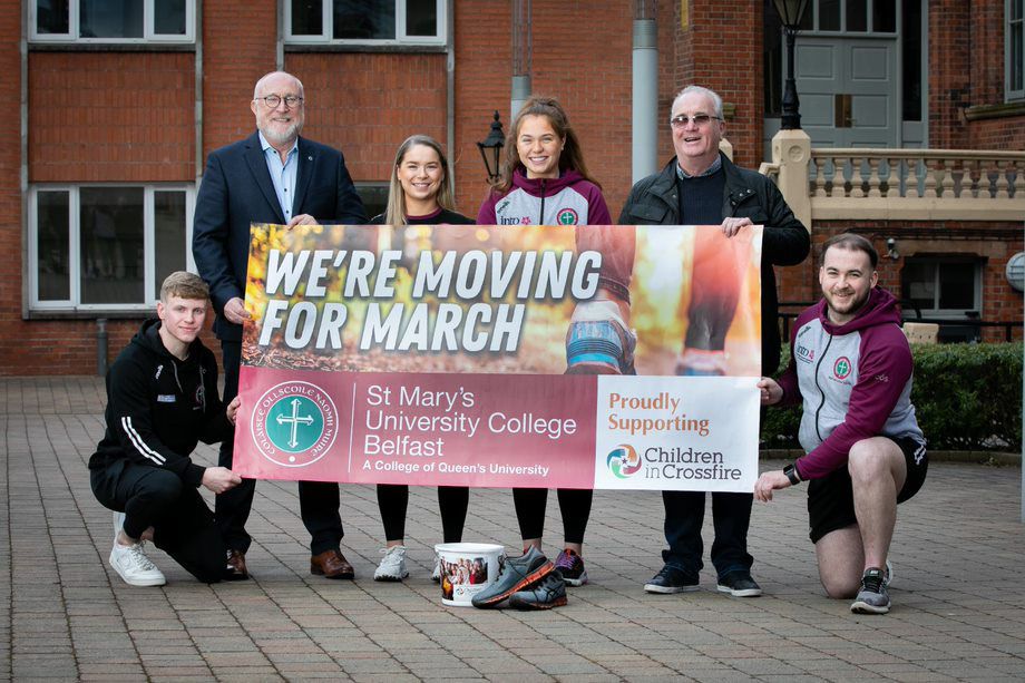 LAUNCH: Peter Finn and Children in Crossfire CEO Richard Moore launch the challenge with St Mary’s Students Union President Colin Sheehan and students Oisin McClafferty, Lucy Robinson and Shanna Cassidy