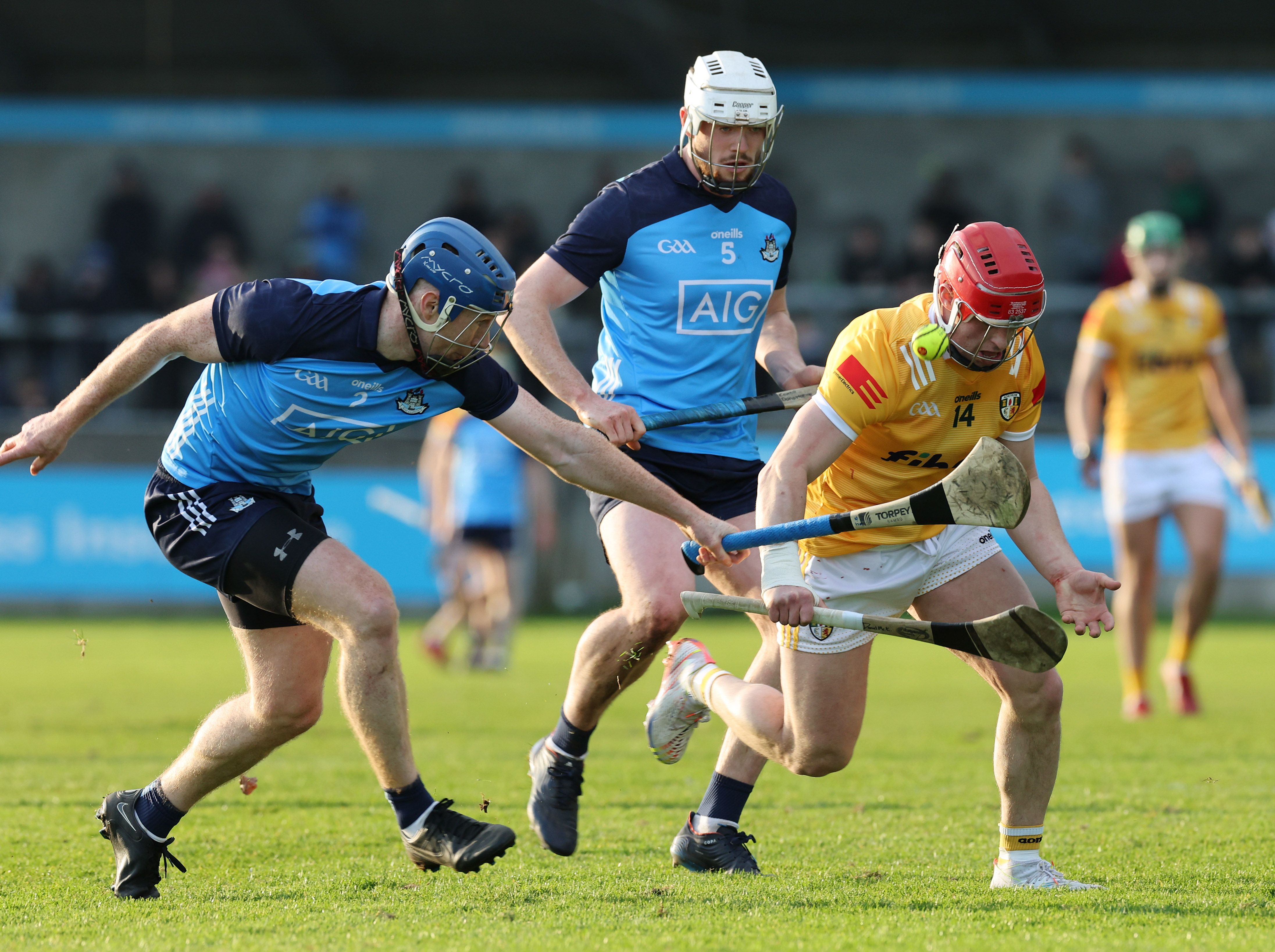 John Bellew and Conor Donohoe tackle Antrim\'s Conor Johnston at Parnell Park on Sunday 