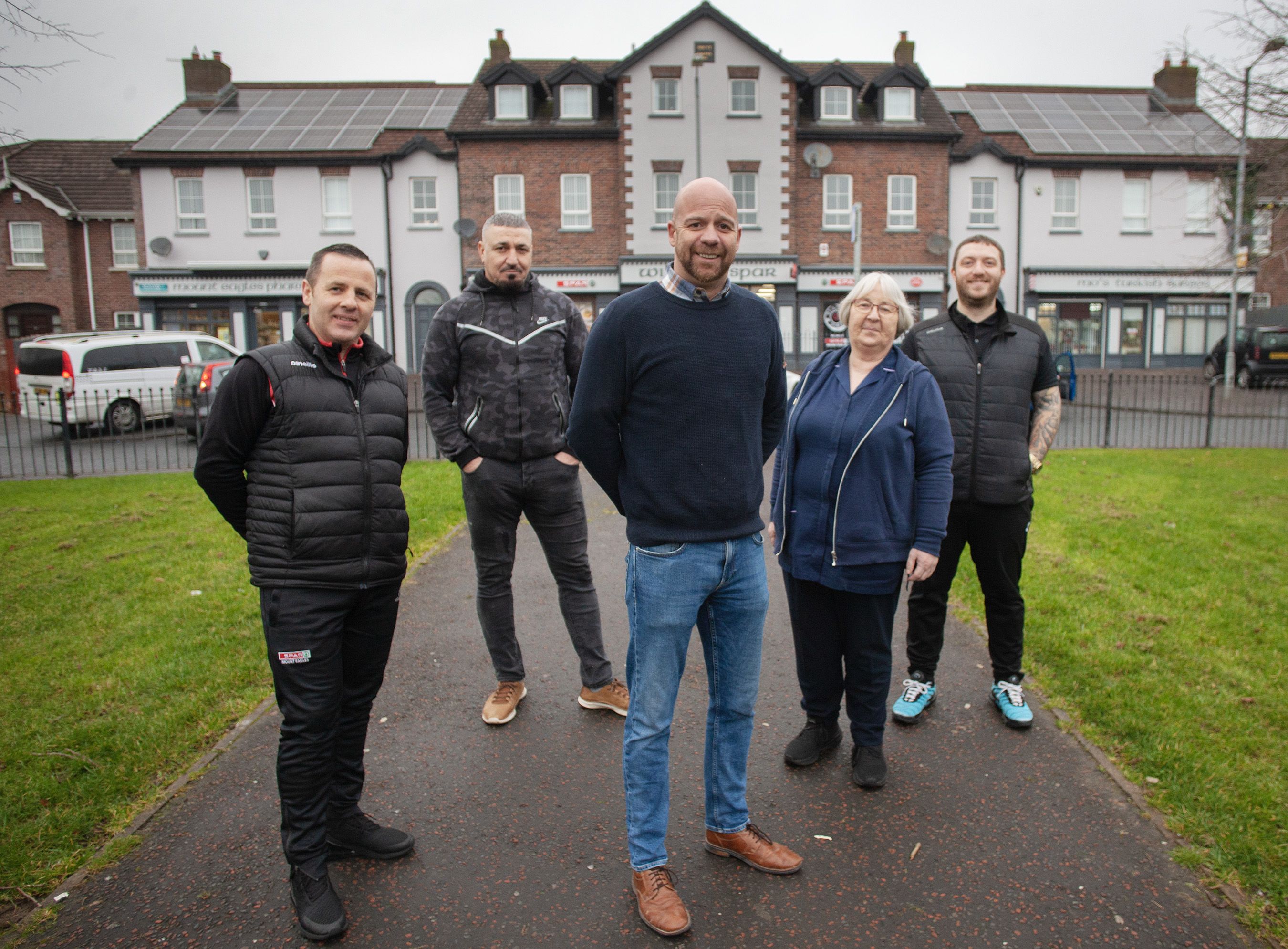 REREFURB: Sinn Féin Councillor Joe Duffy, Mount Eagles Spar owner Adrian Gartland, Michael Cupples of Opus Care Home, Mehmet Oner of Mo’sTurkish Barbers and Marie Cunningham