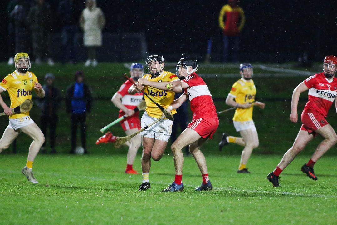 Eoin Trainor bursts through a Derry challenge at Dunsilly on Wednesday 