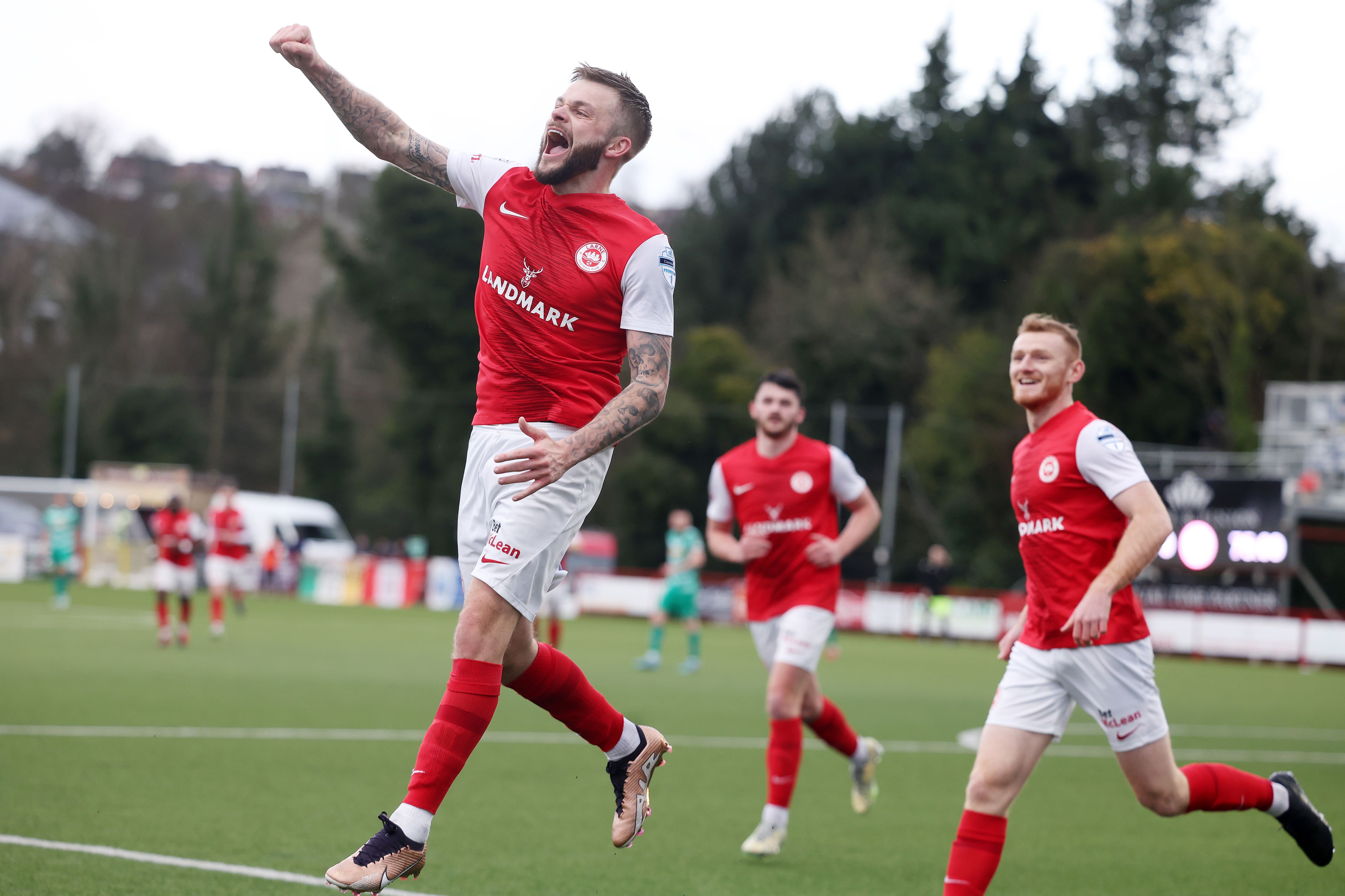 Andrew Ryan celebrates after scoring to make it 2-0 at Inver Park on Saturday 
