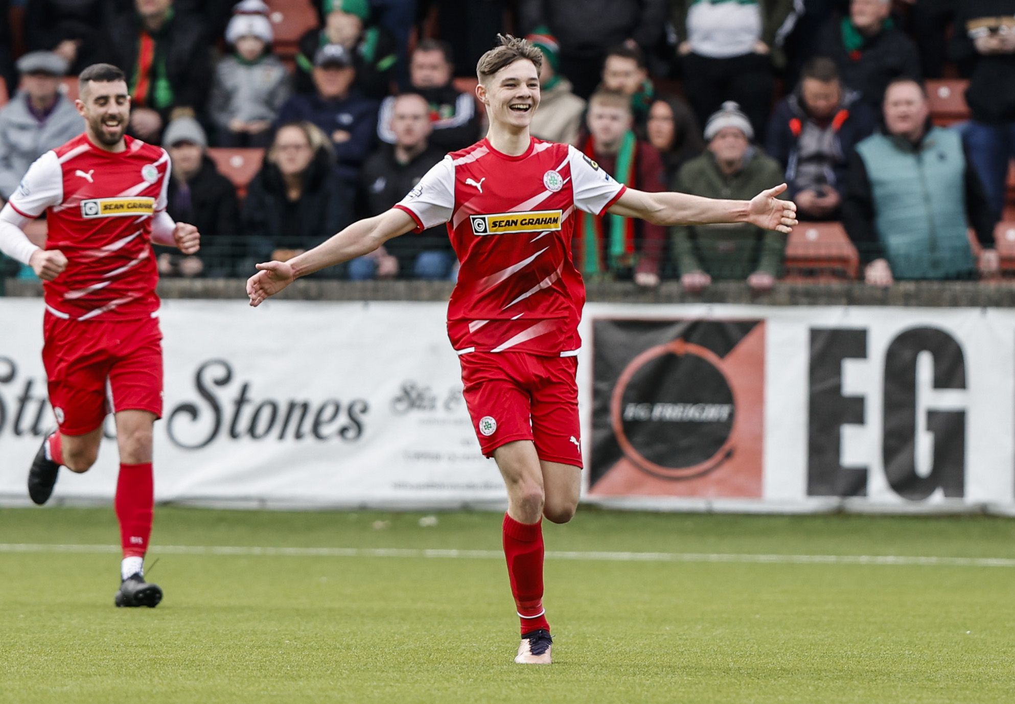 Cliftonville\'s Sean Moore celebrates finiding the net on Saturday 