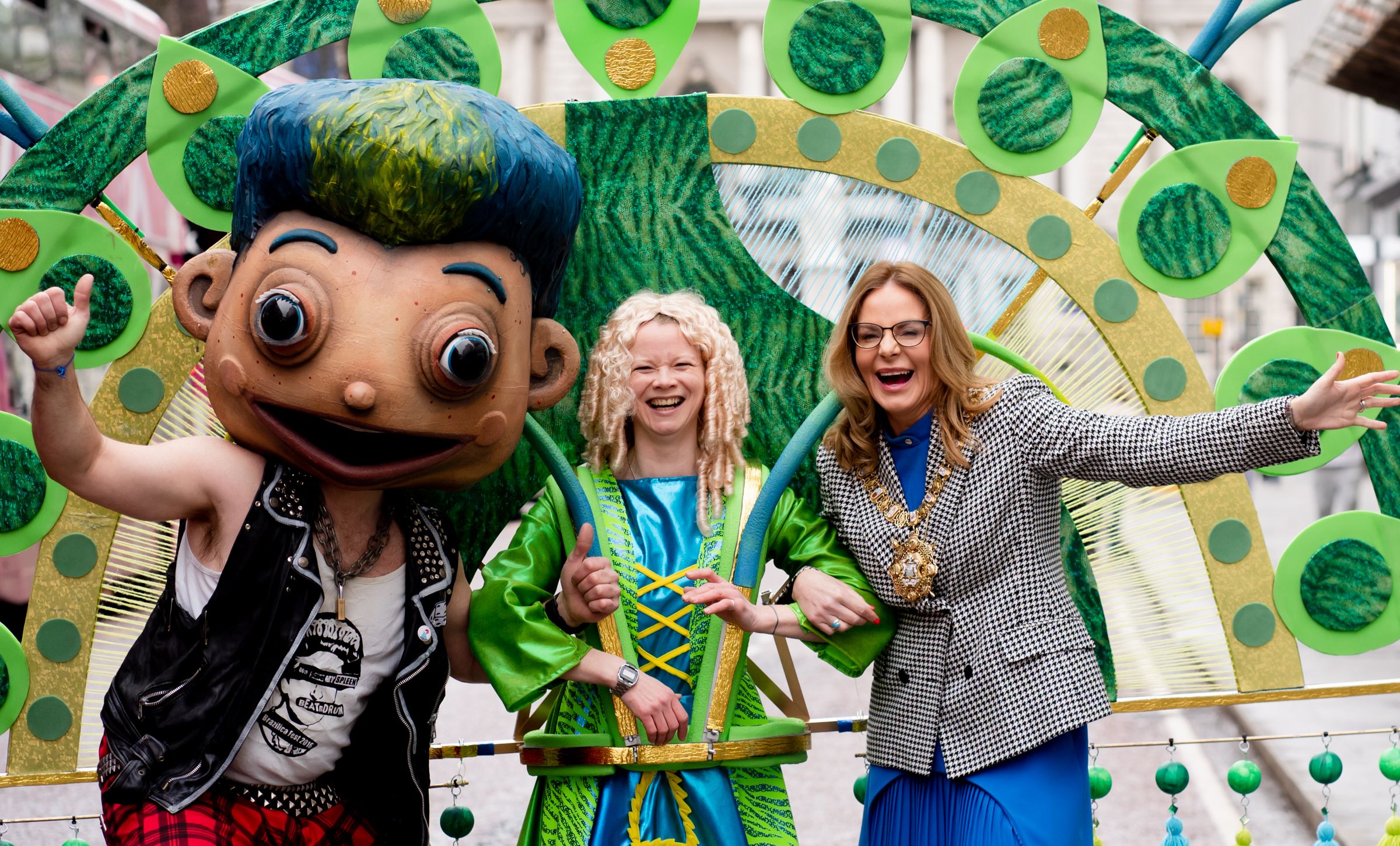 ST PATRICKS: Lord Mayor Tina Black is joined by colourful characters from the Beat Carnival